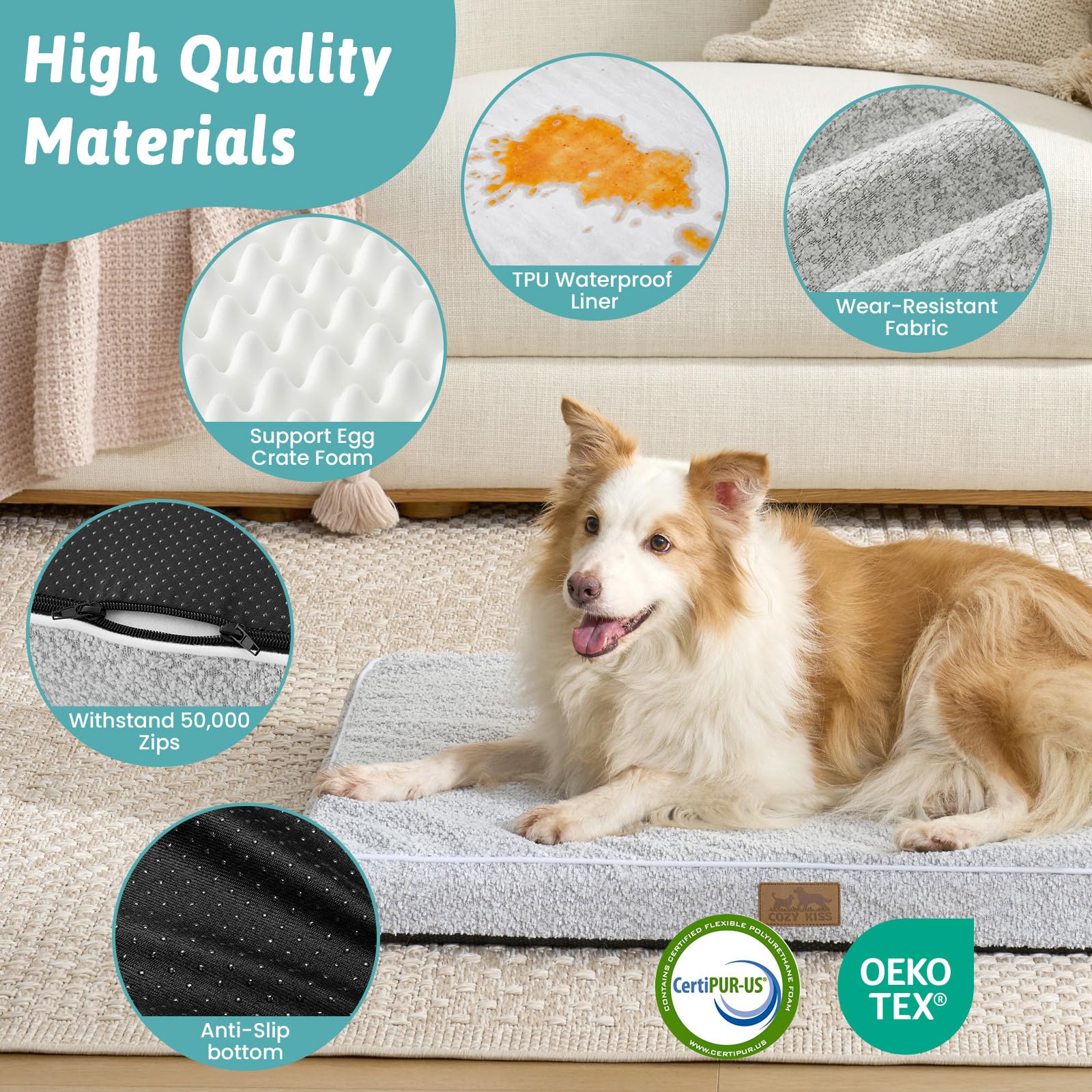Lit Orthopédique Cozy Kiss pour Très Grands Chiens, Housse Amovible et Lavable, Doublure Imperméable, Base Antidérapante XXL 137x111x10 cm Gris