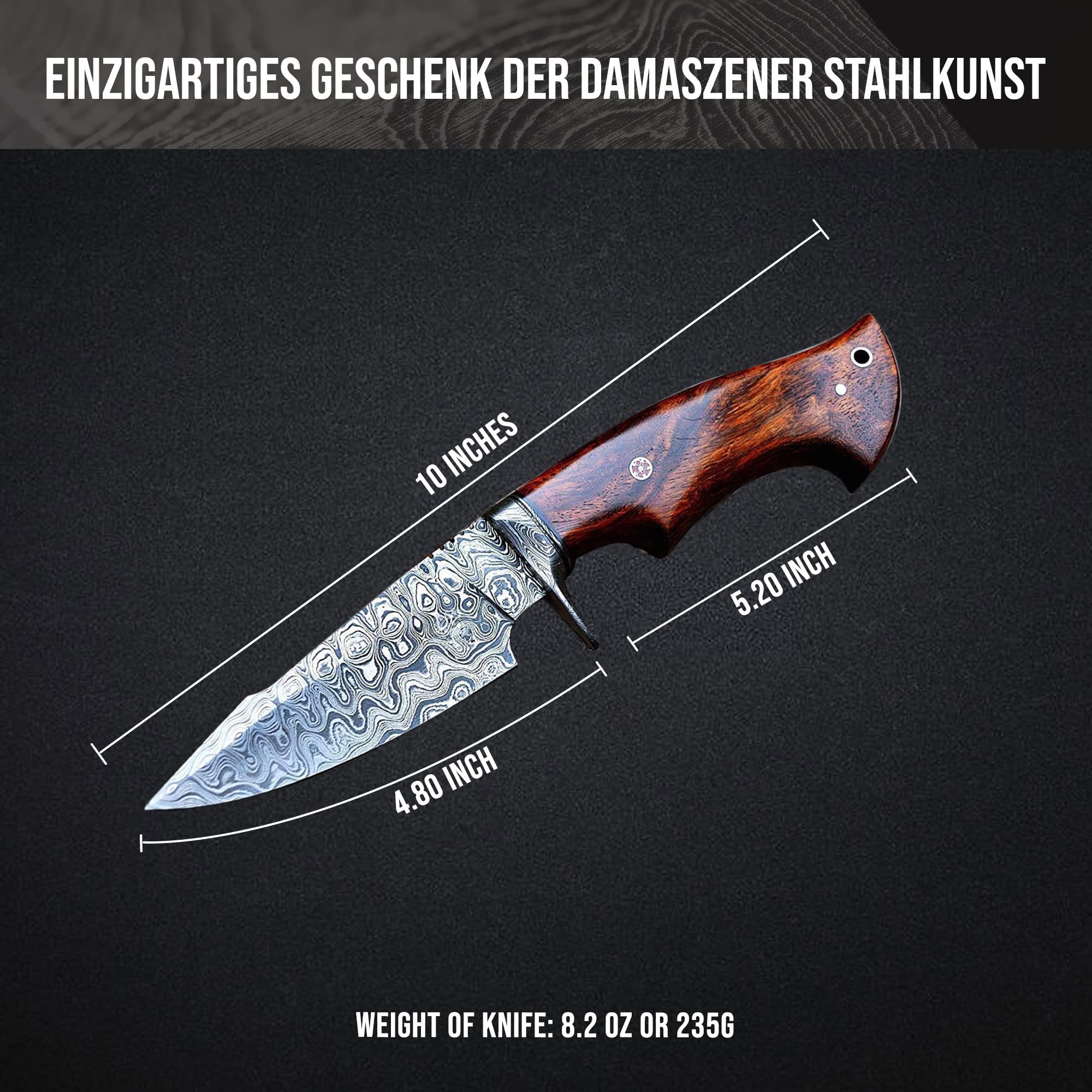 BIGCAT ROAR Predator Hunter Damaststahl 10 Zoll - Full Tang - Walnussholzgriff & Lederscheide - Outdoor Survival Bushcraft Häuten Jagd