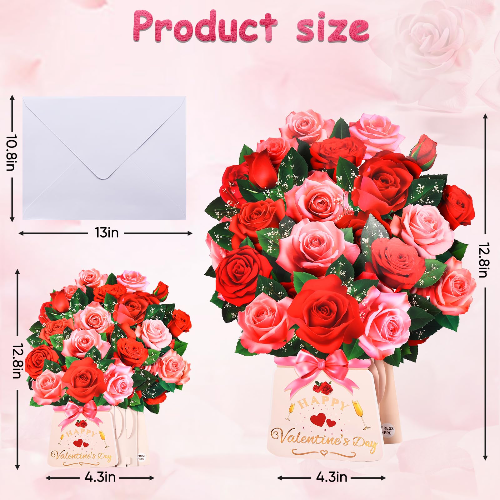 Tarjeta de felicitación desplegable para el día de San Valentín con luz y música, ramo de rosas 3D de papel de 12 pulgadas con sobre, tarjetas de feliz día de San Valentín para esposa, tarjeta