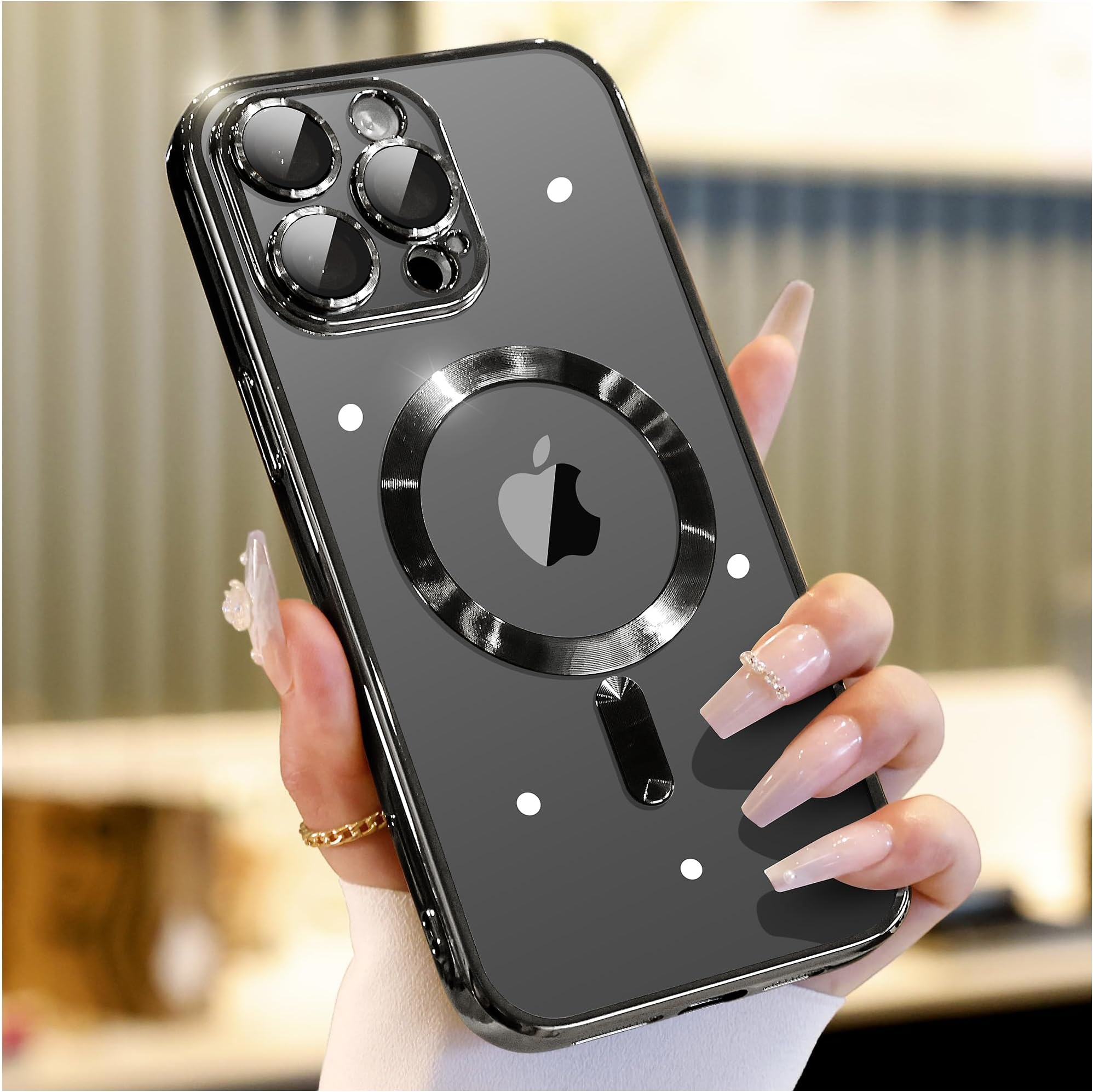 for iPhone 15 Pro Case with Integrated Camera Lens Protection, [Seamless Work with Magsafe] [Metallic Glossy Soft Bumper], Diamond Clear Stylish Case for iPhone 15 Pro, Black Titanium