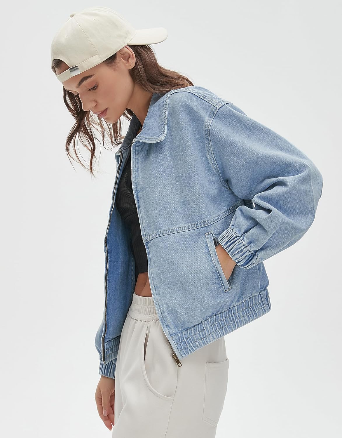 Kedera Womens Denim Jackets Long Sleeve Zip Up Elastic Hem Classic Loose Jean Bomber Jacket Coat Outfit - Image 4