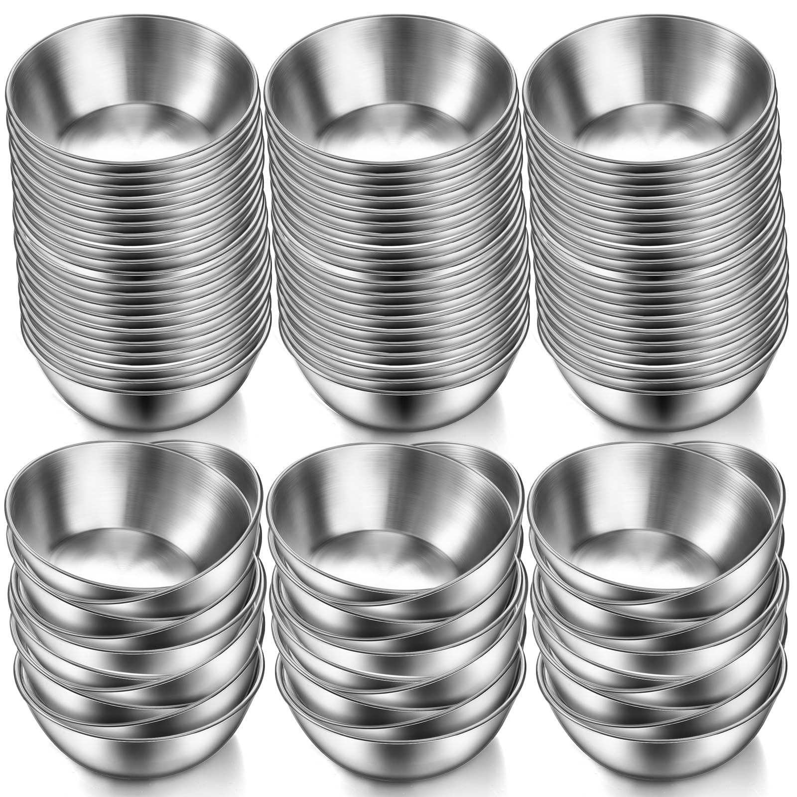 Mimorou Paquete de 100 cuencos pequeños de acero inoxidable para salsa, 3.3 pulgadas, redondos, para condimentos, sushi, tazones plateados, recipientes de ingredientes de metal para preparar