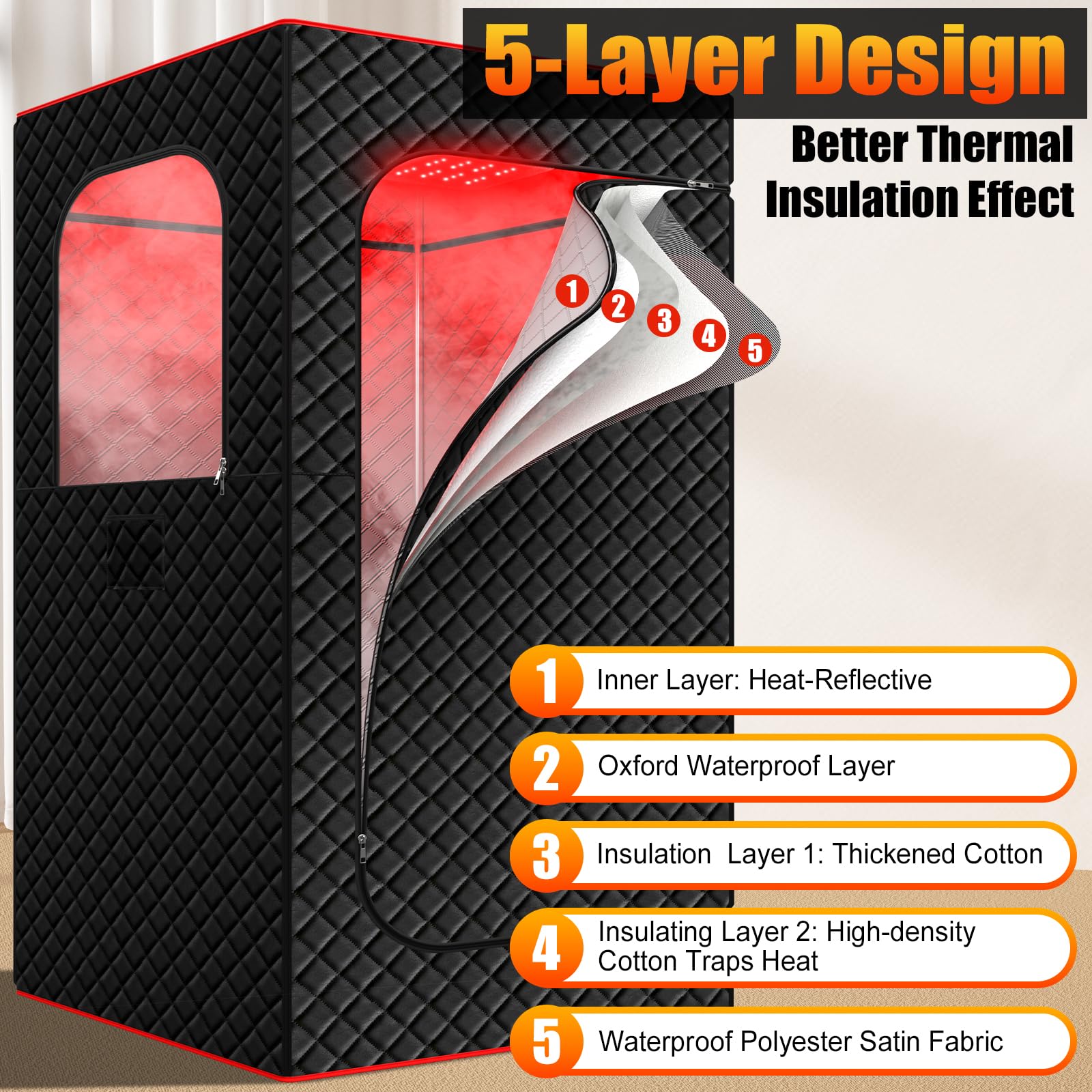 Infrared Home Steam Sauna Box, Portable Personal Full Body Sauna Spa Tent At Home For Relaxation With 660nm Red Light Therapy Lamp, 3L Steamer, Folding Chair, 15 Levels