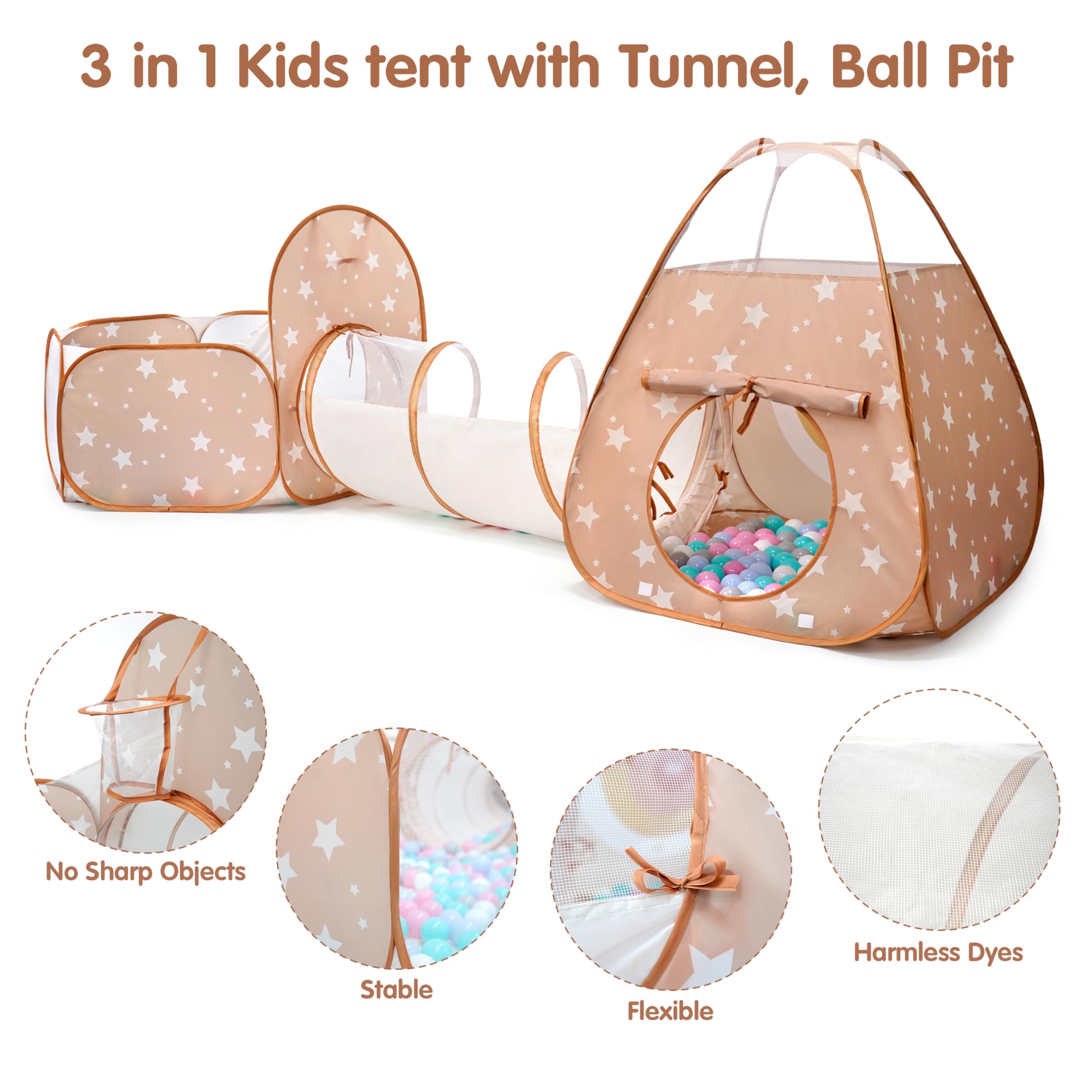 3 in 1 Pop Up Kids Play Tent with Tunnel and Ball Pit for Kids Boys, Girls, Babies and Toddlers, Indoor/Outdoor Playhouse - Image 3