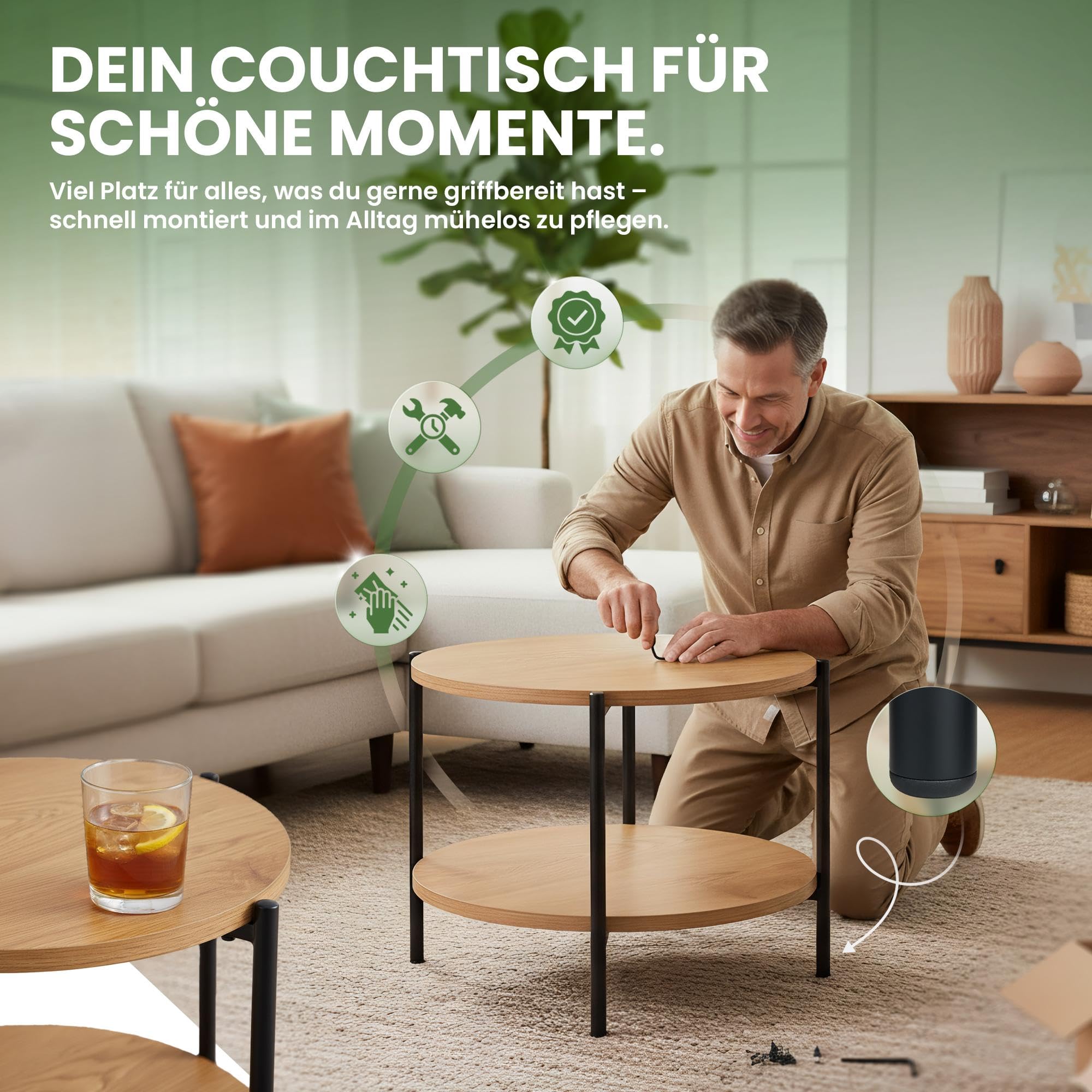 CLP Couchtisch rund Holz Edduma, Sofatisch 2 Ebenen mit Stauraum, Beistelltisch klein Metallgestell schwarz, Farbe:Natur, Größe:Ø 80 cm