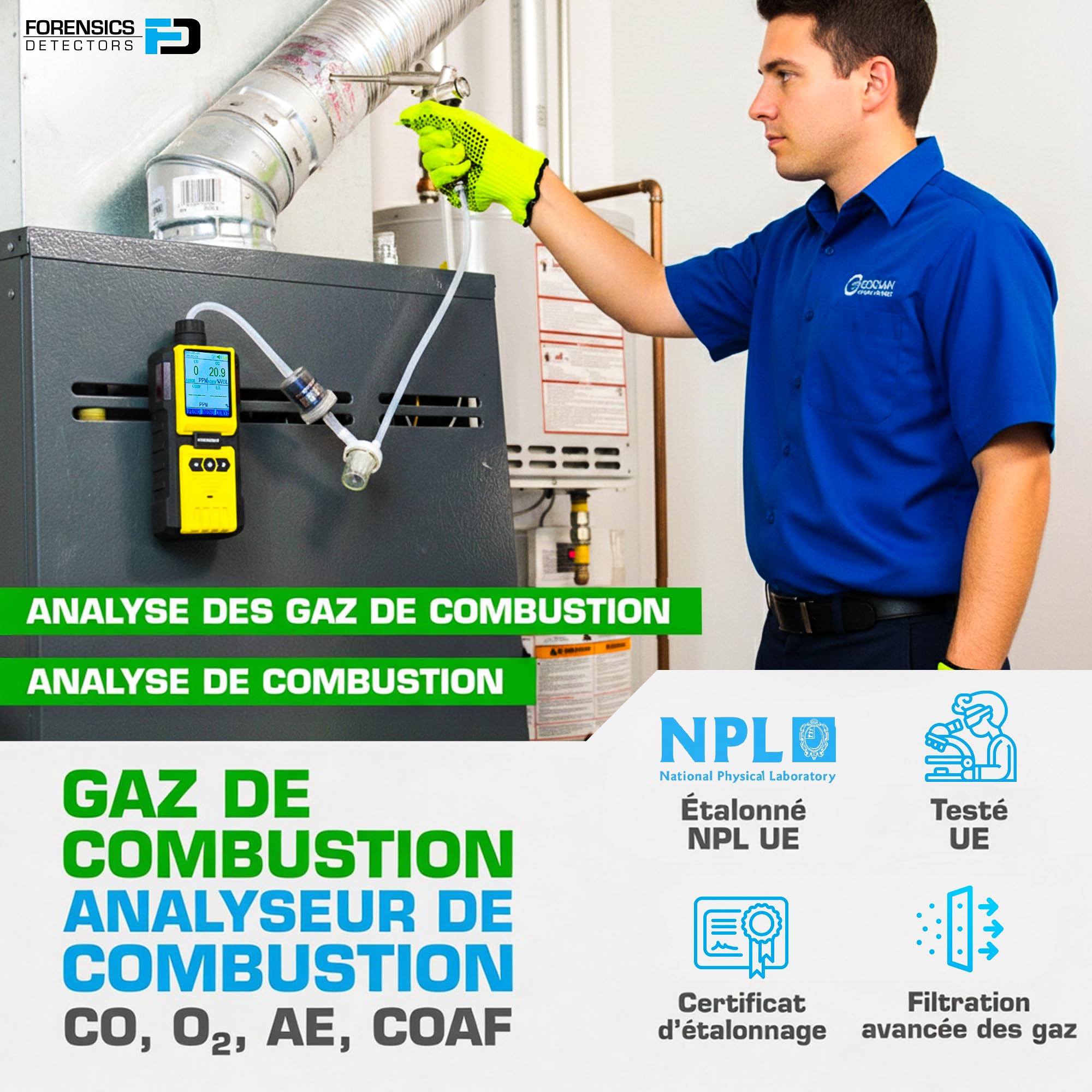 Analyseur de Gaz de Combustion | Certificat d'Étalonnage UE | HVAC, Combustion et Gaz d’Échappement | Monoxyde De Carbone (CO), Oxygène (O2), COAF Et EA