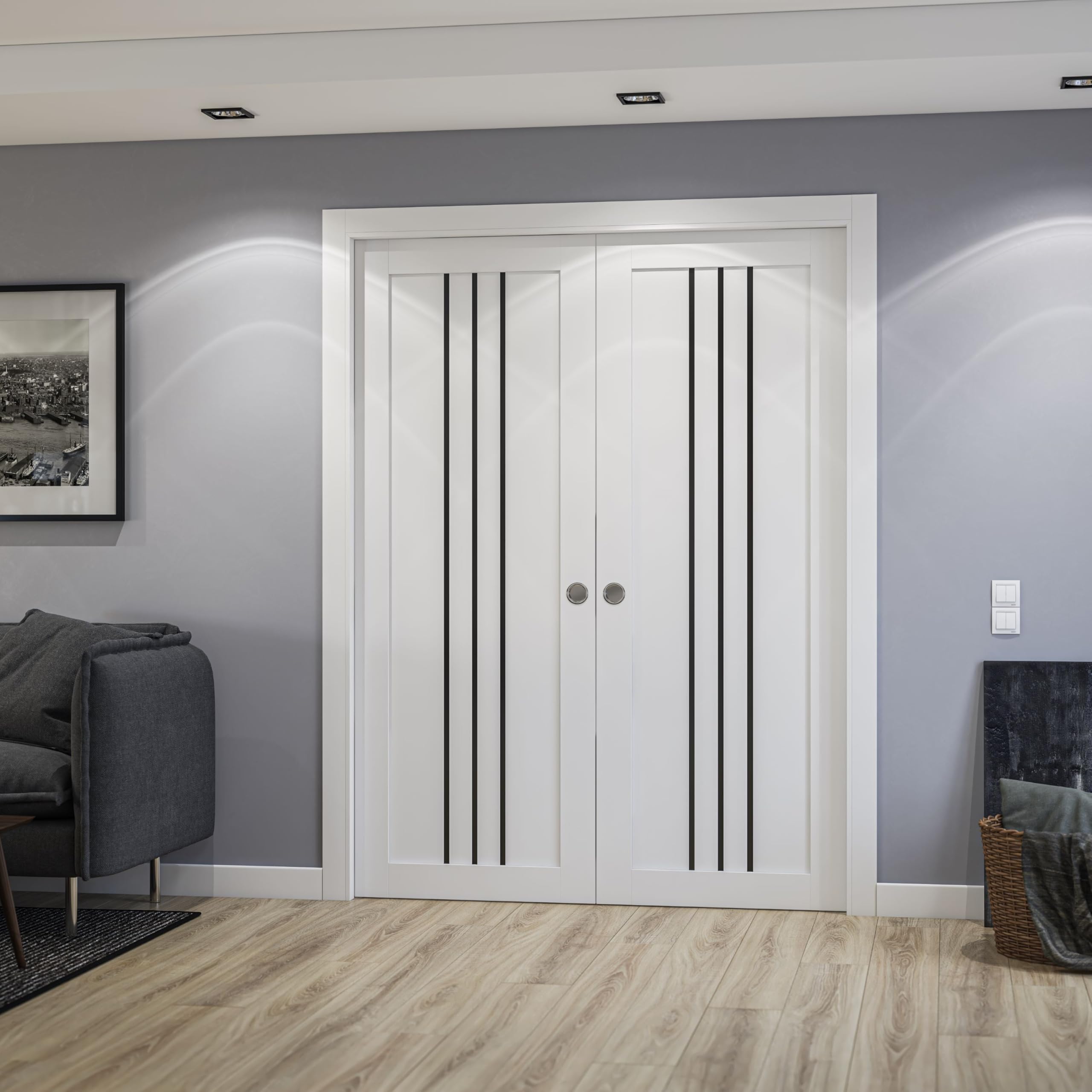 SARTODOORS Double Pocket Doors 72 x 84 inches | Base 6094 White Double Pocket Doors | Opaque Glass MDF Modern | Living Room Office