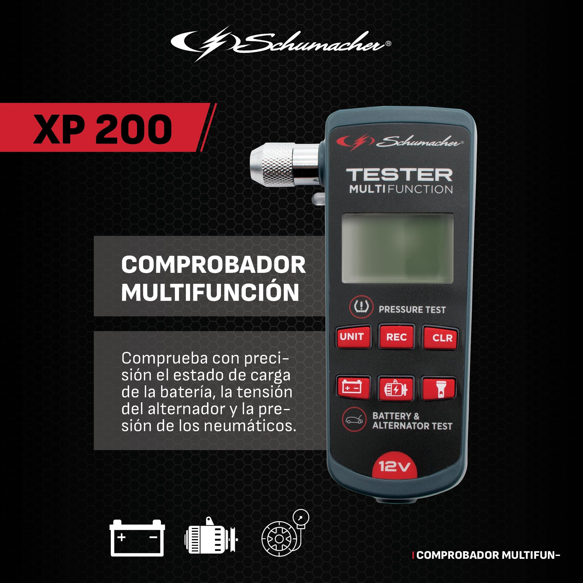 Schumacher Electric XP200 - Comprobador 3 en 1 Batería 12V, Alternador y Presión de Neumáticos - Compacto, Portátil, Mechero - Linterna LED Integrada | Alternador, Presión de los neumáticos, Super compacto portátil, Encendedor de cigarrillos, Lámpara LED