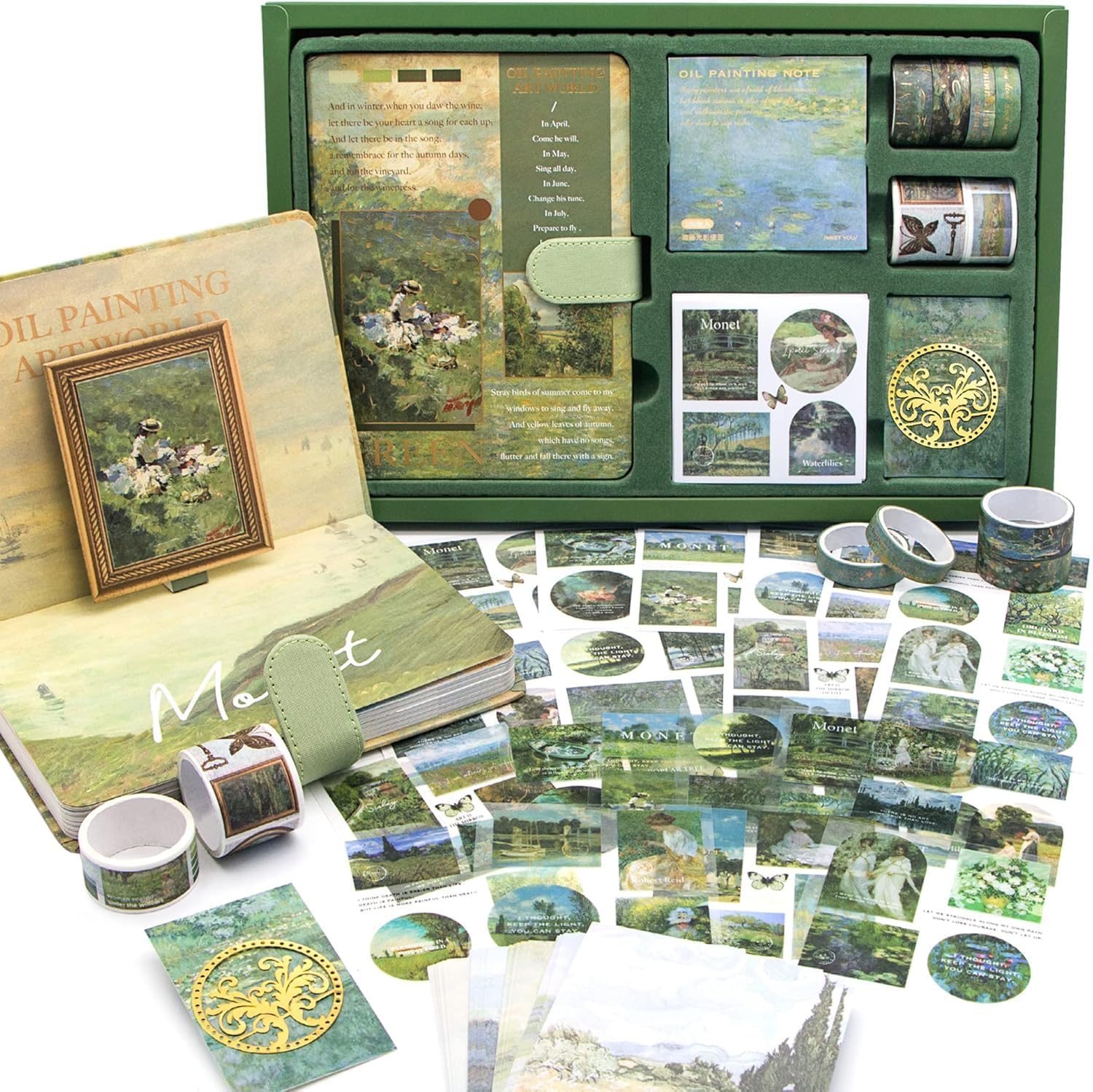 PLUSPOINT Vintage Aesthetic Paper Scrapbook Kit with 346 Pcs Complete Scrapbooking Supplies Set Featuring Bullet Junk Journal | A6 Grid Notebook | Elegant Stationery in Charming Green Stickers