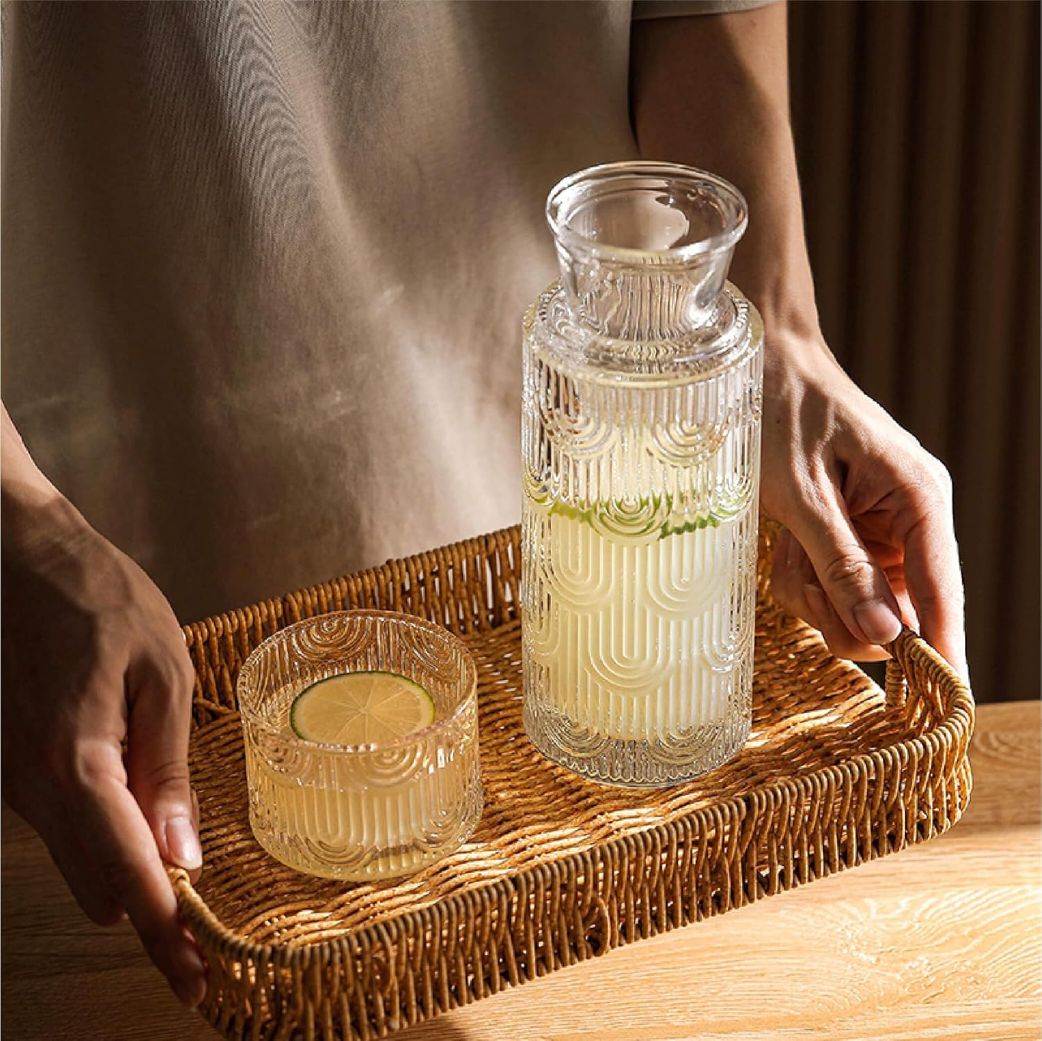 Glass Water Carafe with Cup, 22oz Lead-Free Bedside Night Water Pitcher with Drinking Glass, Textured Ribbed Design for Bedroom, Mouthwash Dispenser for Bathroom (Clear)