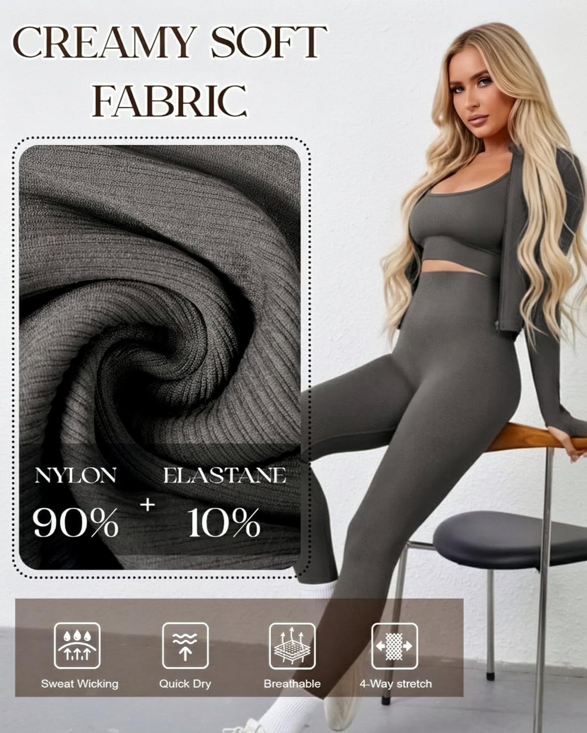 Simlakey Women 3 Piece Seamless Workout Set Sports Bra High Waisted Gym Yoga Leggings Zip Up Jacket with Thumbhole Activewear - Image 7