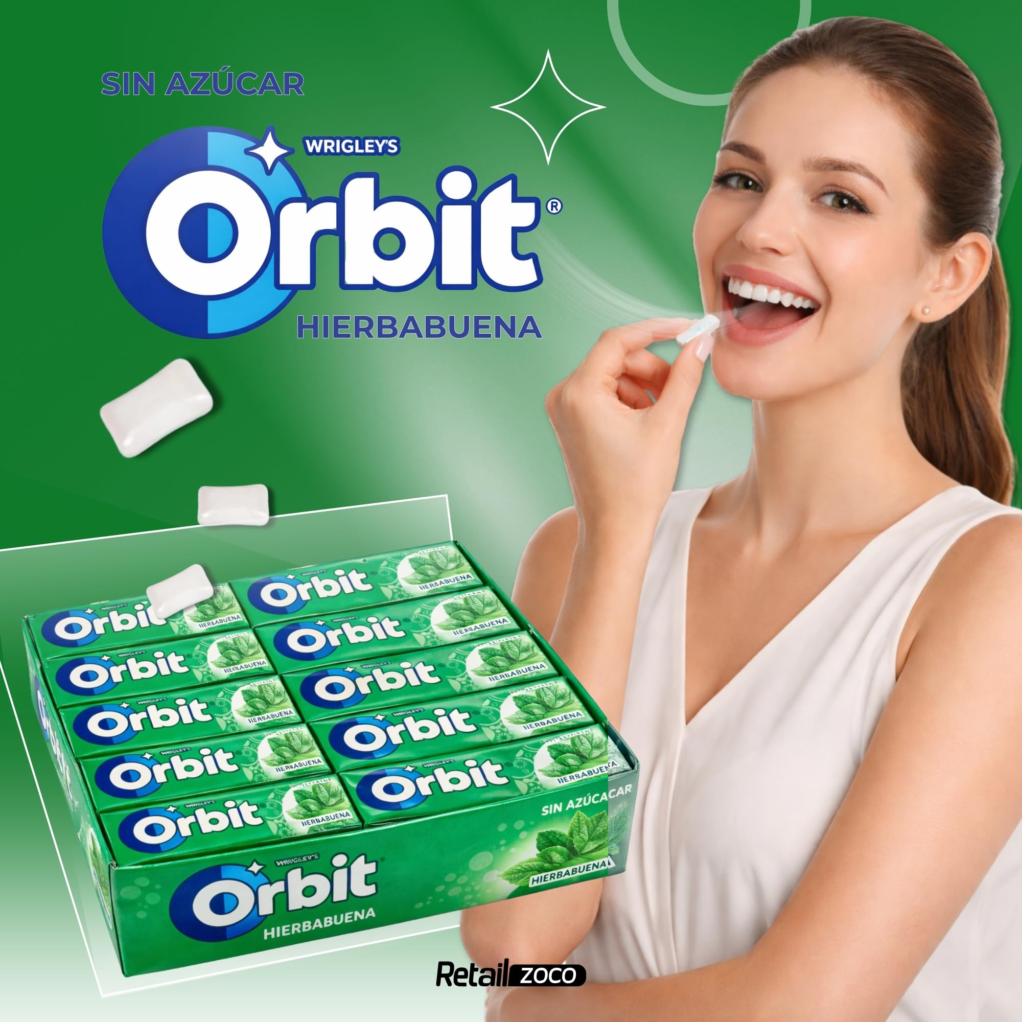 Orbit Chicles Sabor Hierbabuena, Chicles sin azucar, Paquete de cicles Orbit, Sabor Fresco, Intenso y de Larga Duración en formato Gragea, sin gluten, Formato ahorro, 30 paquetes de 10 Grageas