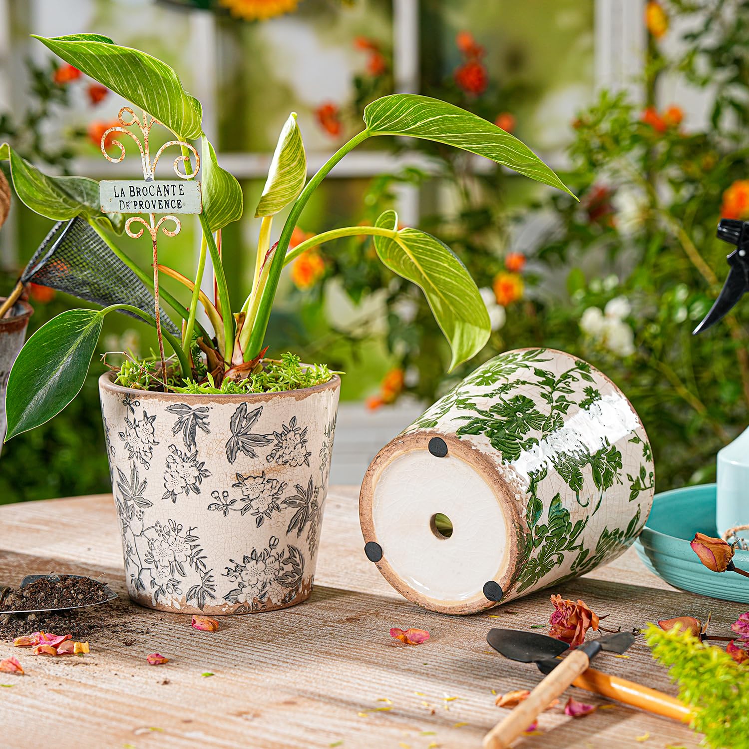 Sungmor Ceramiczne doniczki w stylu vintage, zestaw 2 pięknych doniczek ceramicznych z pękniętą lodem, 14 cm, doniczki do ziół z otworem drenażowym, toskańskie doniczki do użytku wewnątrz i na