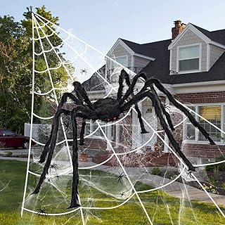 MOVINPE 274" Halloween Spider Web + 79" Giant Fake Spider Decorations + 28pcs Mini Spiders, Huge Triangular Spider Web for...