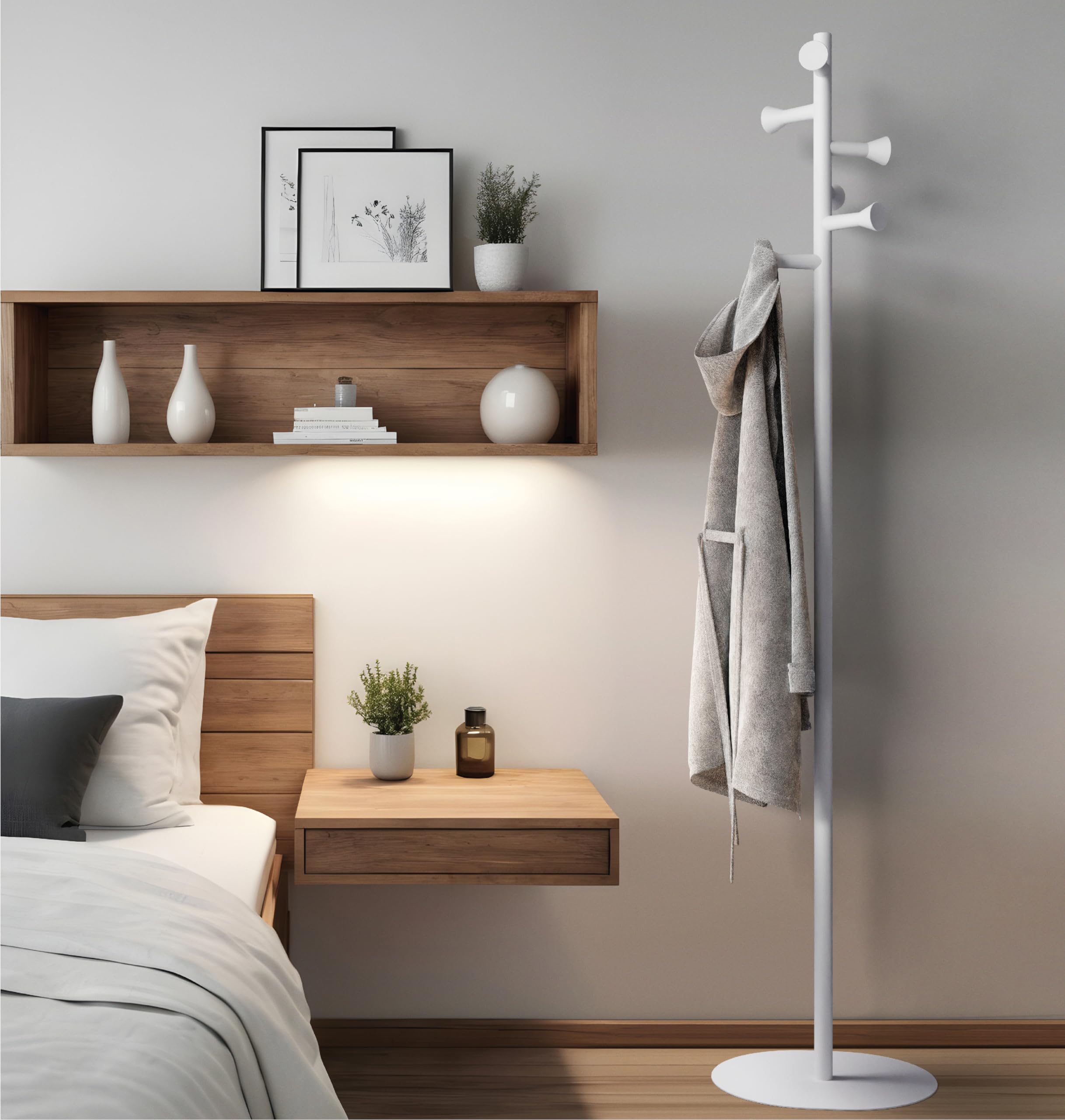 Garderobenständer weiß aus Metall, Kleiderständer klein, keine sichtbaren Schrauben, stabil und platzsparend, minimalistisches Design, Flurgarderobe für kleine Räume (WEISS MATT)