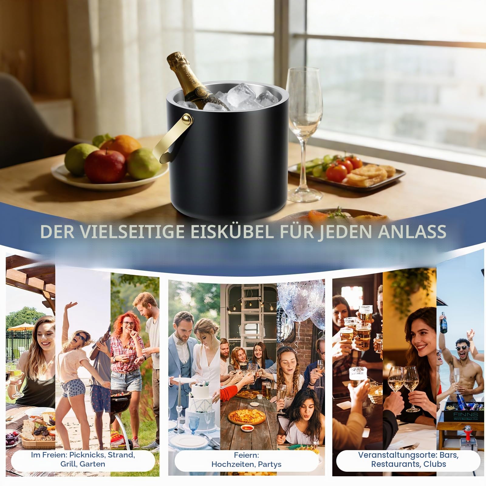 Qingning 3.2L Eiswürfelbehälter, Eiskübel mit Deckel, Zange, Schaufel & Sieb | Eiswürfelbehälter Edelstahl, Doppelwandiger Edelstahl-Eiskübel für Bier und Wein, für Partys, Picknicks, Clubs