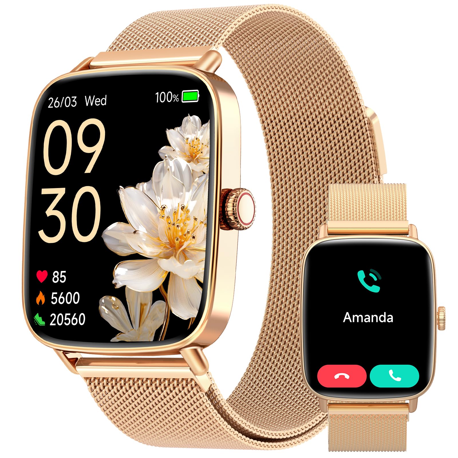 Reloj Inteligente Mujer, 1.85" Smartwatch Mujer con Llamadas y Whatsapp Notificación, SpO2/Pulsómetro/Sueño/Podómetro, 110 Modos Deporte, IP68 para Android iOS Dorado