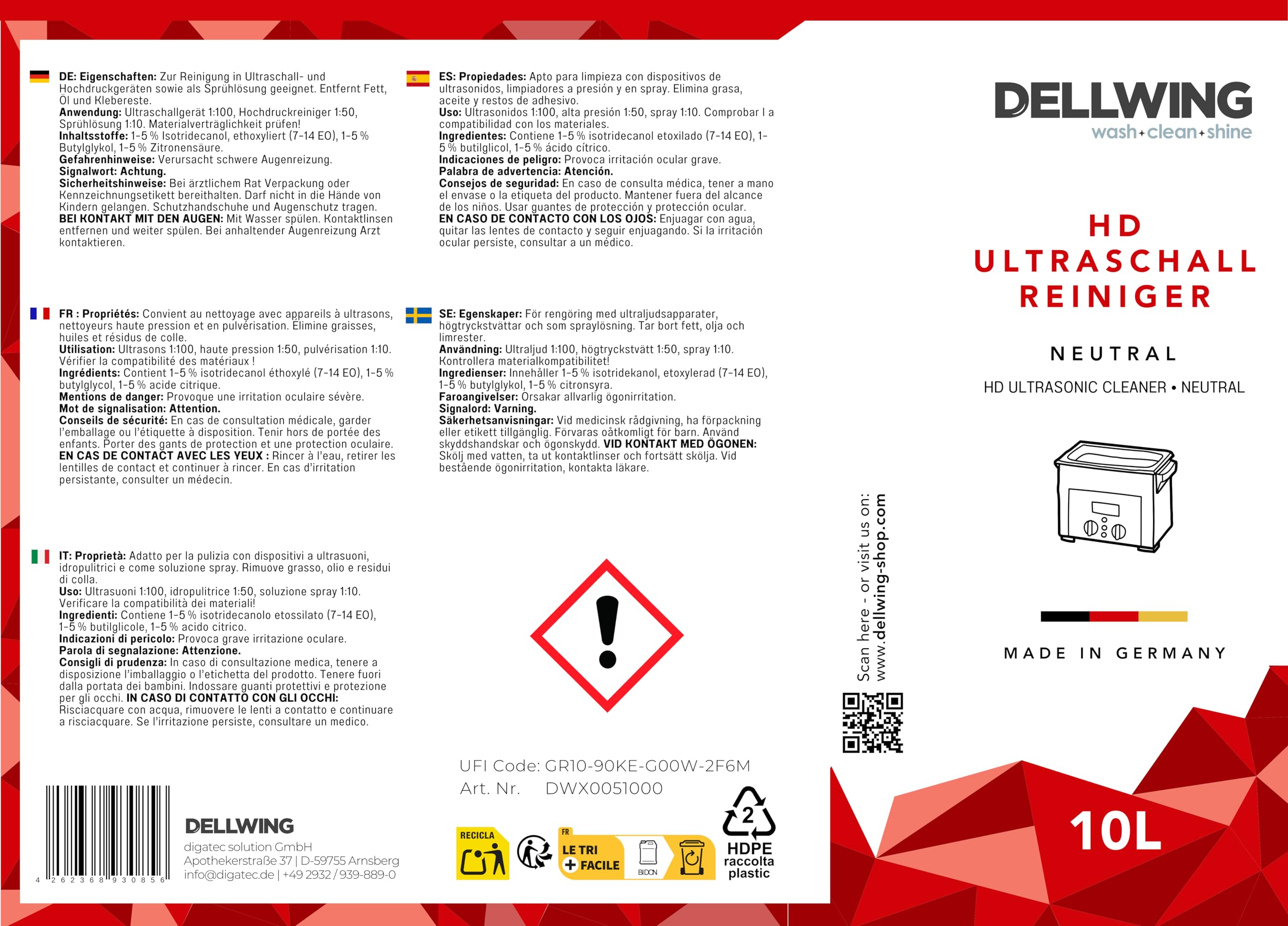 Dellwing HD Detergente a ultrasuoni 10 l, concentrato neutro per gioielli, monete e oro, Made in Germany