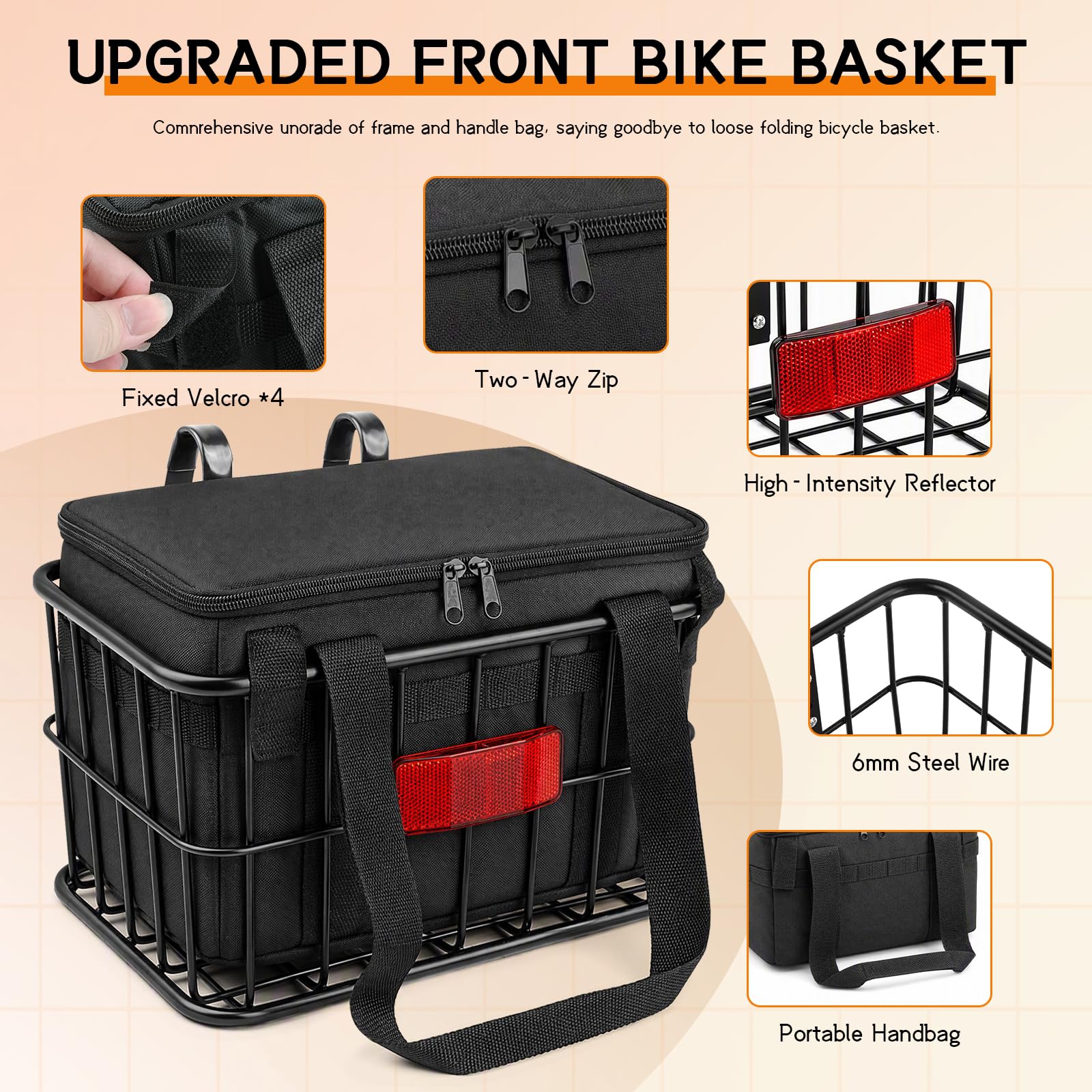 Panier Vélo Avant avec Sac Amovible, Panier Guidon Vélo en Métal avec 3 Fixations, Panier pour Vélo Antirouille 10,8L pour VTT, Vélo Ville, Vélos Pliants, Vélo Électrique