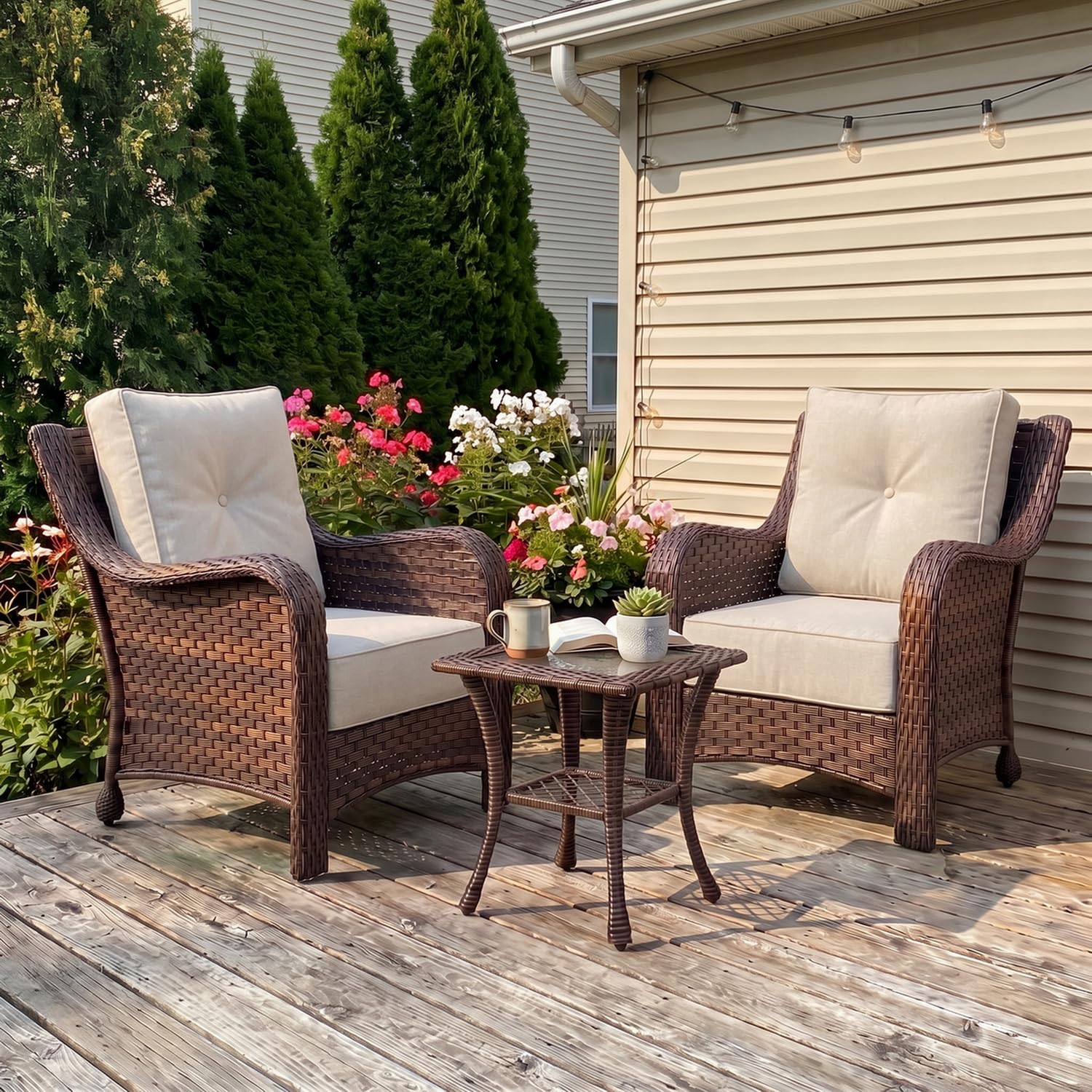 LayinSun 3 Piece Wicker Outdoor Furniture Set with 6-inch Comfy Cushions