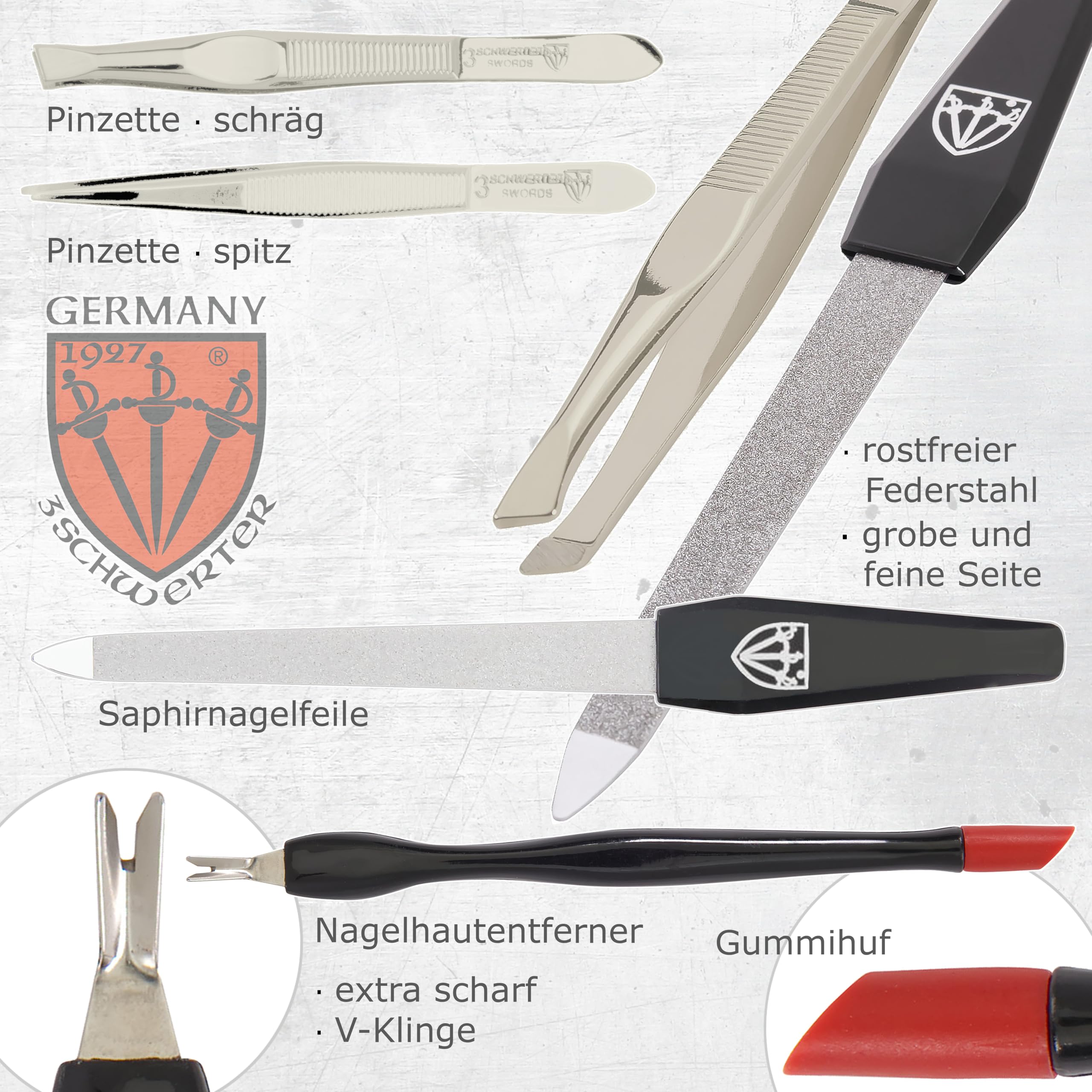DREI SCHWERTER - 12-częściowy zestaw do manicure i pedicure "Firenze" | Wysokiej jakości etui na paznokcie ze sztucznej skóry lakierowanej do pielęgnacji dłoni i stóp. Kolor: czerwone wino | Zawartość
