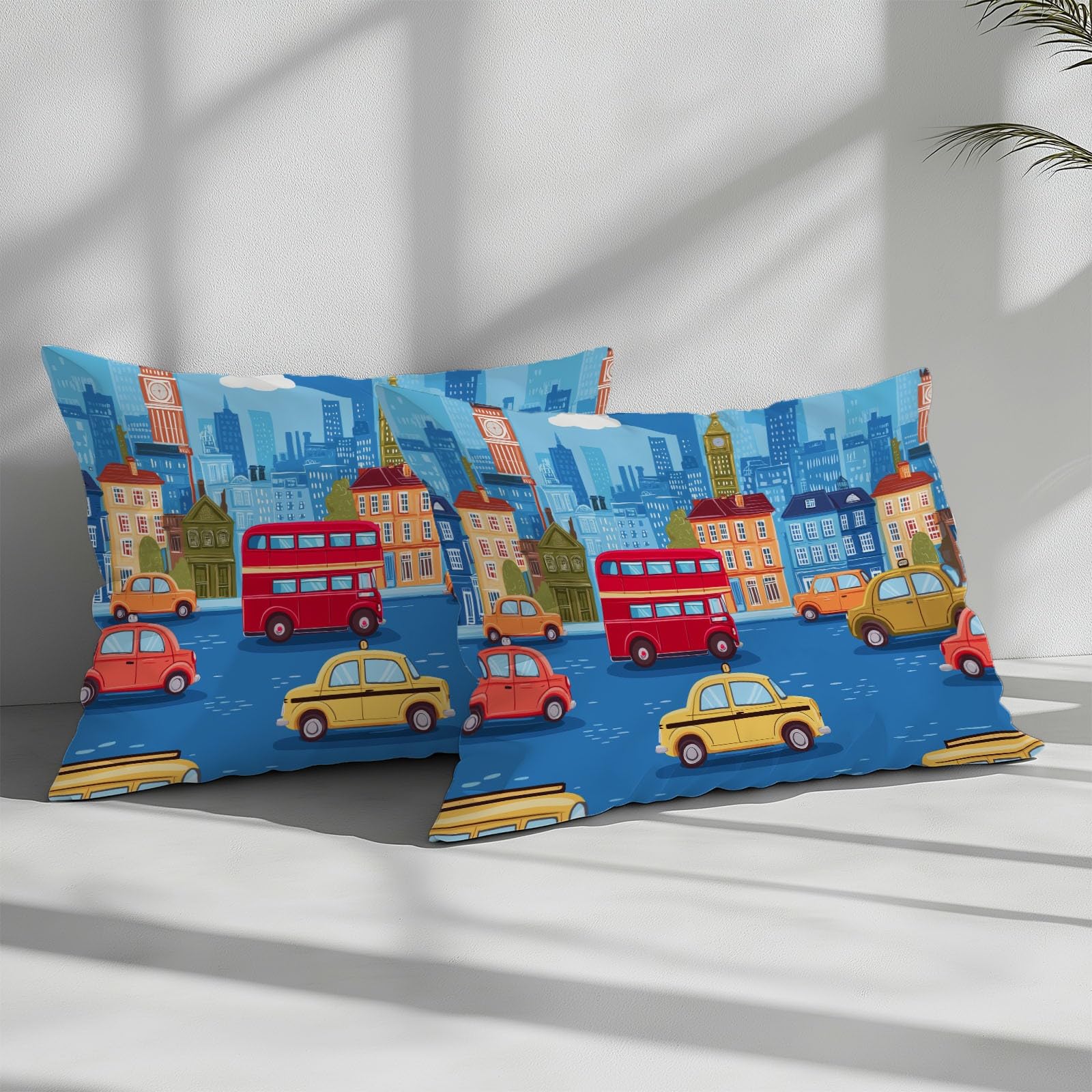 Funda Nórdica Dibujos Animados Paisaje Urbano Autobús Dos Pisos Azul Claro 150 x 220 cm Ropa de Cama 3 Piezas, Juego de Funda Edredón para Cama 90, para Habitación Infantil De Chicos Y Adolescentes