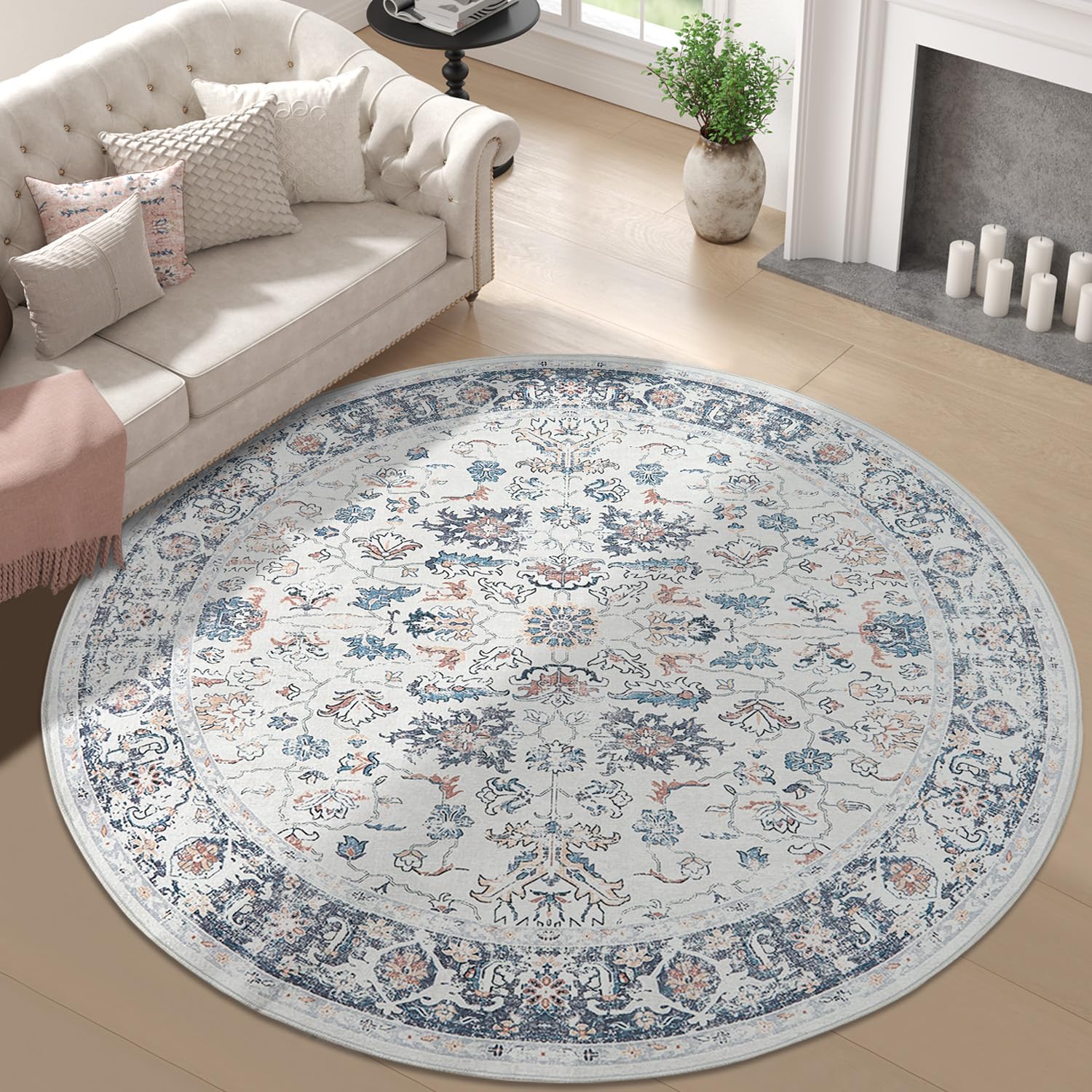 jinchan Round Rug 7ft Area Rug - Washable Boho Vintage Floral Circle 7' Round Floor Cover Lightweight Low Pile Thin Throw Non-Slip Carpet for Kitchen