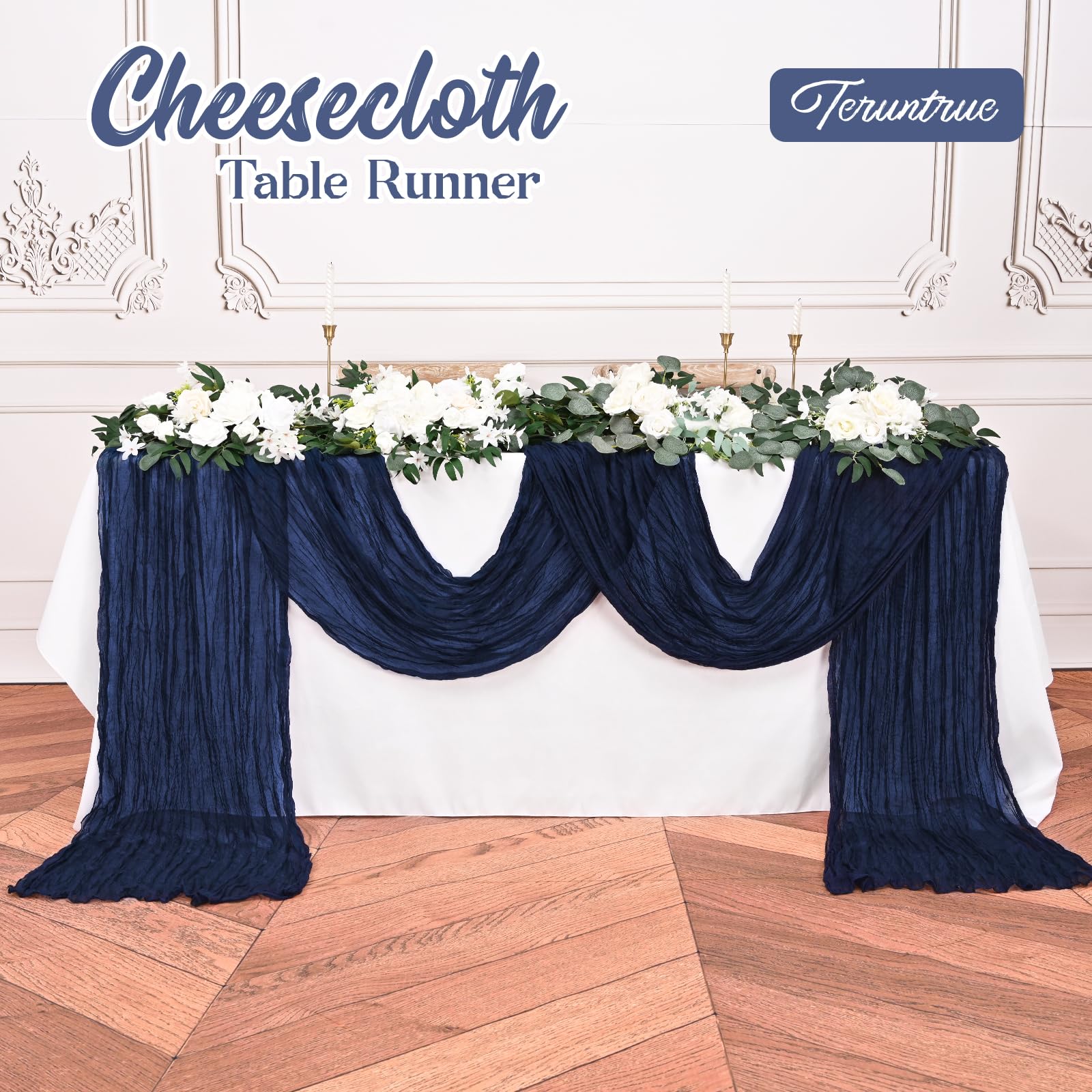 Seihtuch-tafelloper, rustieke gaas, Boho-kaasdoek, tafelloper voor bruiloft, feest, bruidsfeest, tafeldecoratie, 3 m, marineblauw, 50,8 x 305,8 cm, 8 stuks