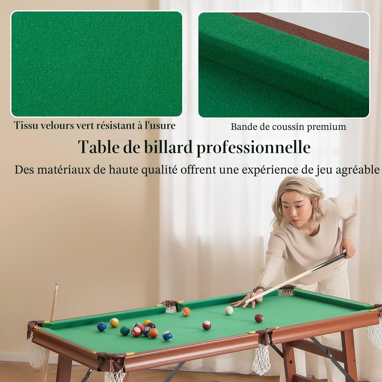 HOMASIS Mini table de billard pliable avec 2 queues, 2 craies, 16 balles, triangle et brosse, portable pour bar et fête, tables de billard de piscine pour enfants et adultes, 138 x 67 x 79,5 cm