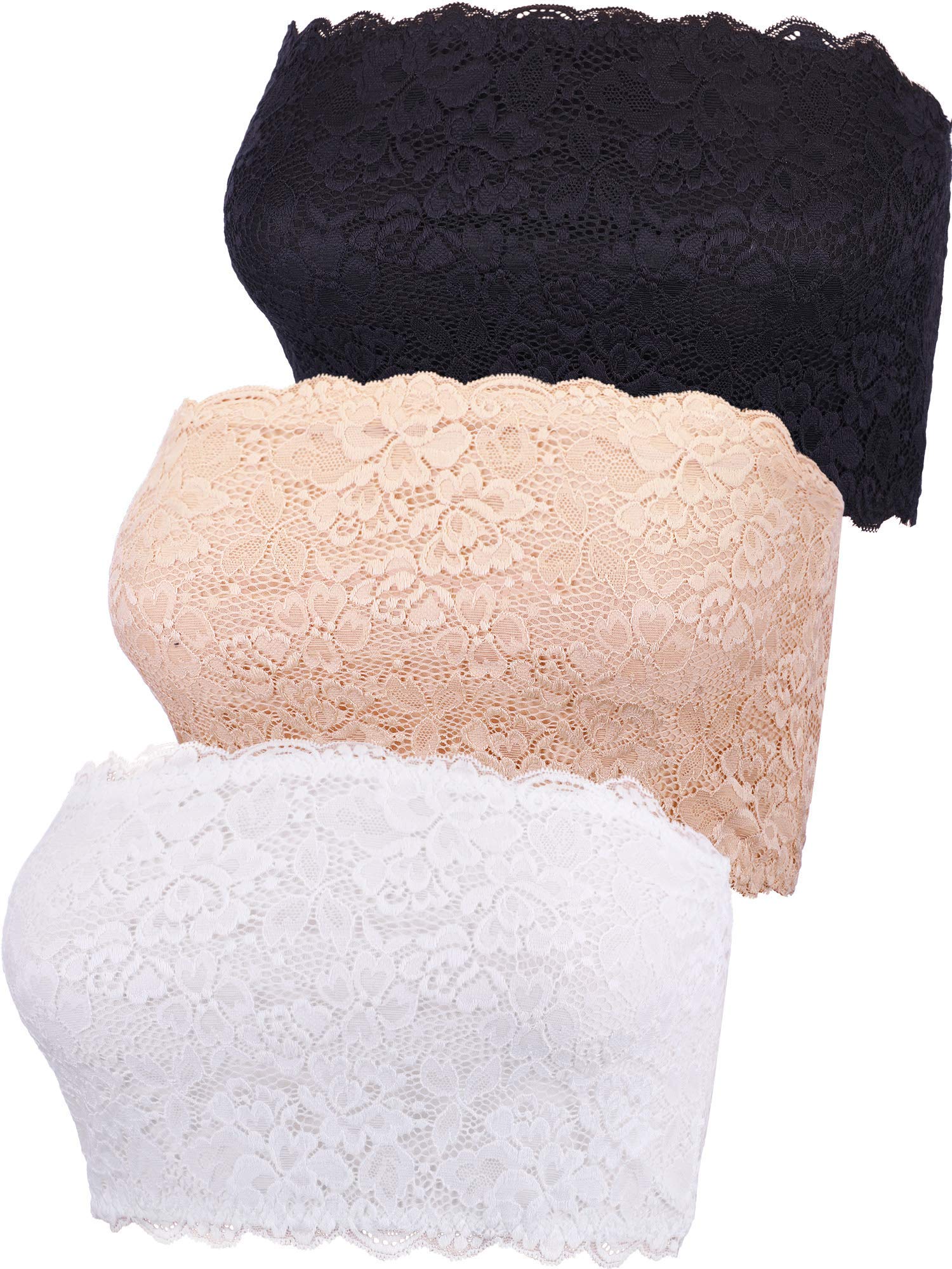 BOAO 3 Pieces Women's Floral Lace Tube Top Bra Bandeau Strapless Bras Seamless Stretchy Chest Wrap (Color Set 1, L Size)