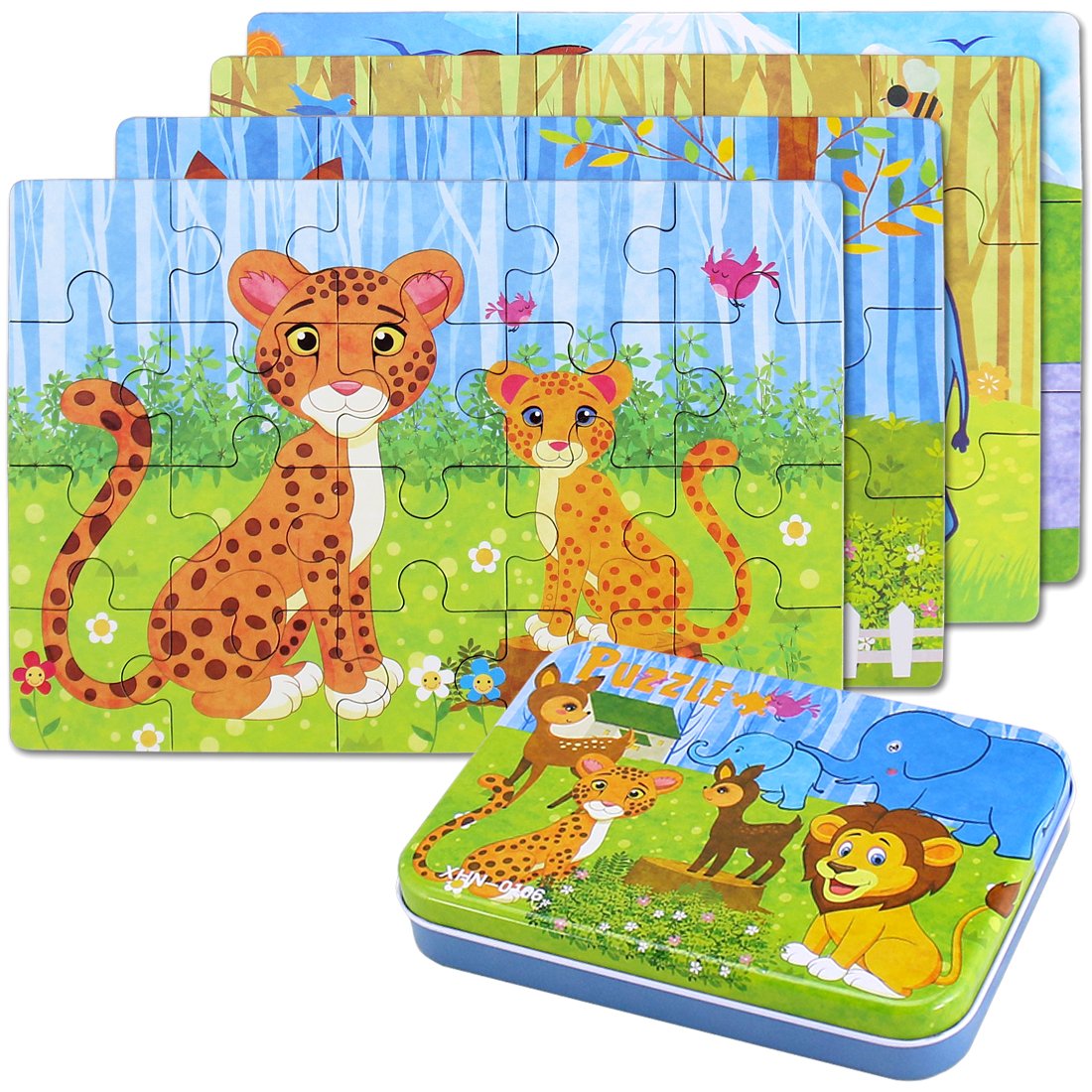 BBLIKE Puzzle - 4 pezzi Giochi Legno Bambini con Confezione in Scatola di Ferro, Foresta Animali(B)