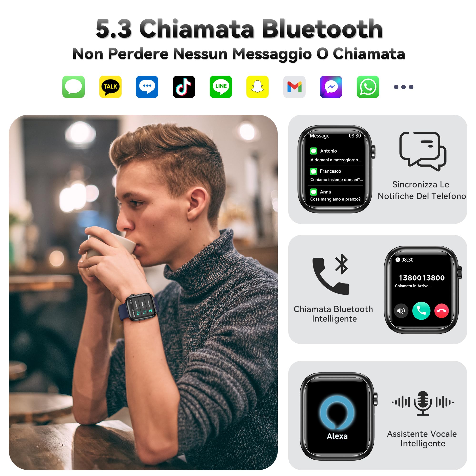 Smartwatch Uomo Donna, 1.83'' Orologio Smartwatch con Chiamata Bluetooth,Pressione Sanguigna/Cardiofrequenzimetro/Sonno,Contapassi,120+ Modalità Sportive, Impermeabile IP68 Smart Watch per Android&iOS