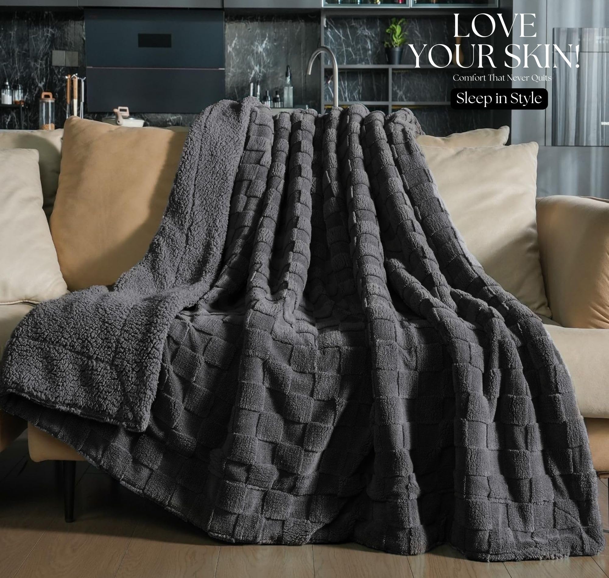 SANMARINO Reversible Sherpa Fleece/Flannel Blanket, 600 GSM โ Thick Fluffy 3D Checkered, Super-Soft, Heavy Winter Couch or Bed Blanket (Grey, Double, 3000 g, 86x88 Inches) 2