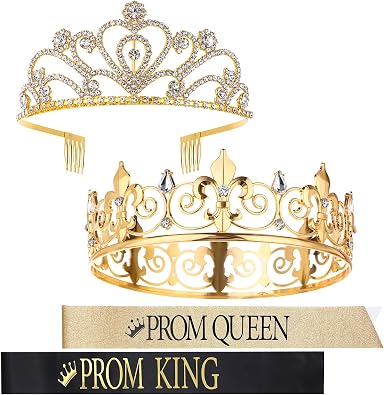 4 Pcs Prom King and Queen Crowns with Sashes Set King Crowns for Men Shiny Satin Sash Rhinestone Crystal Crown Tiara for Women King Queen Tiara Sash for Wedding Birthday Party Graduation Halloween