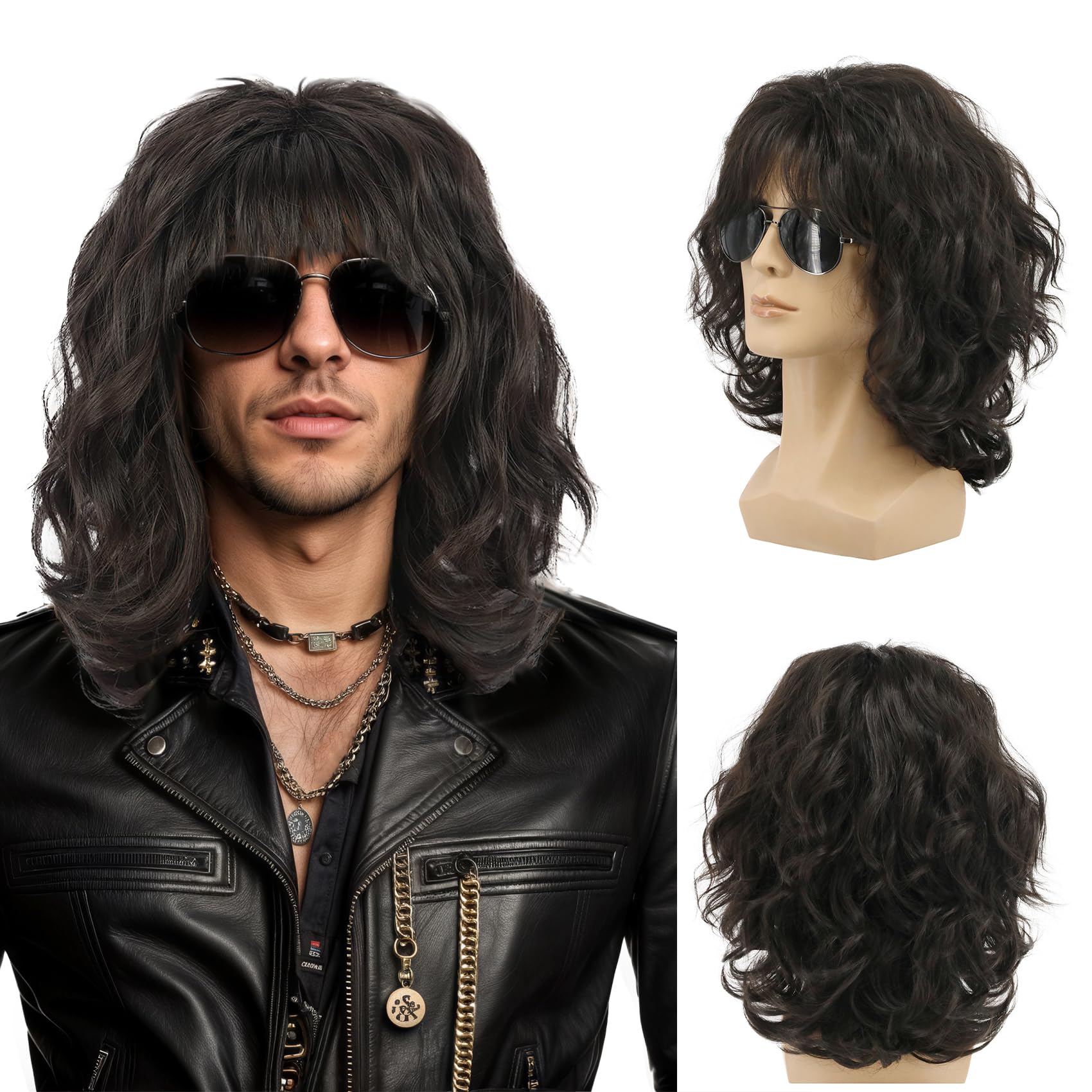 Yuehong Long Curly Dark Brown 70s 80s Shawl Punk Rocker Wig Mullet Cosplay Costume Heat Resistant Synthetic Fibers Soft Durable Breathable Wig