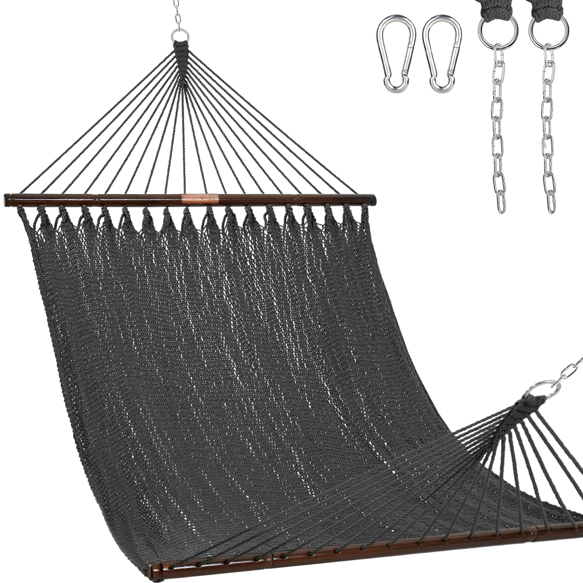 Photo 1 of Lazy Daze Hammocks 10.5 FT Double 2 Person Caribbean Rope Hammock, Hand Woven Polyester Hammock with Spreader Bars, for Outside Outdoor Backyard Patio Poolside, 450 LBS Capacity, Gray