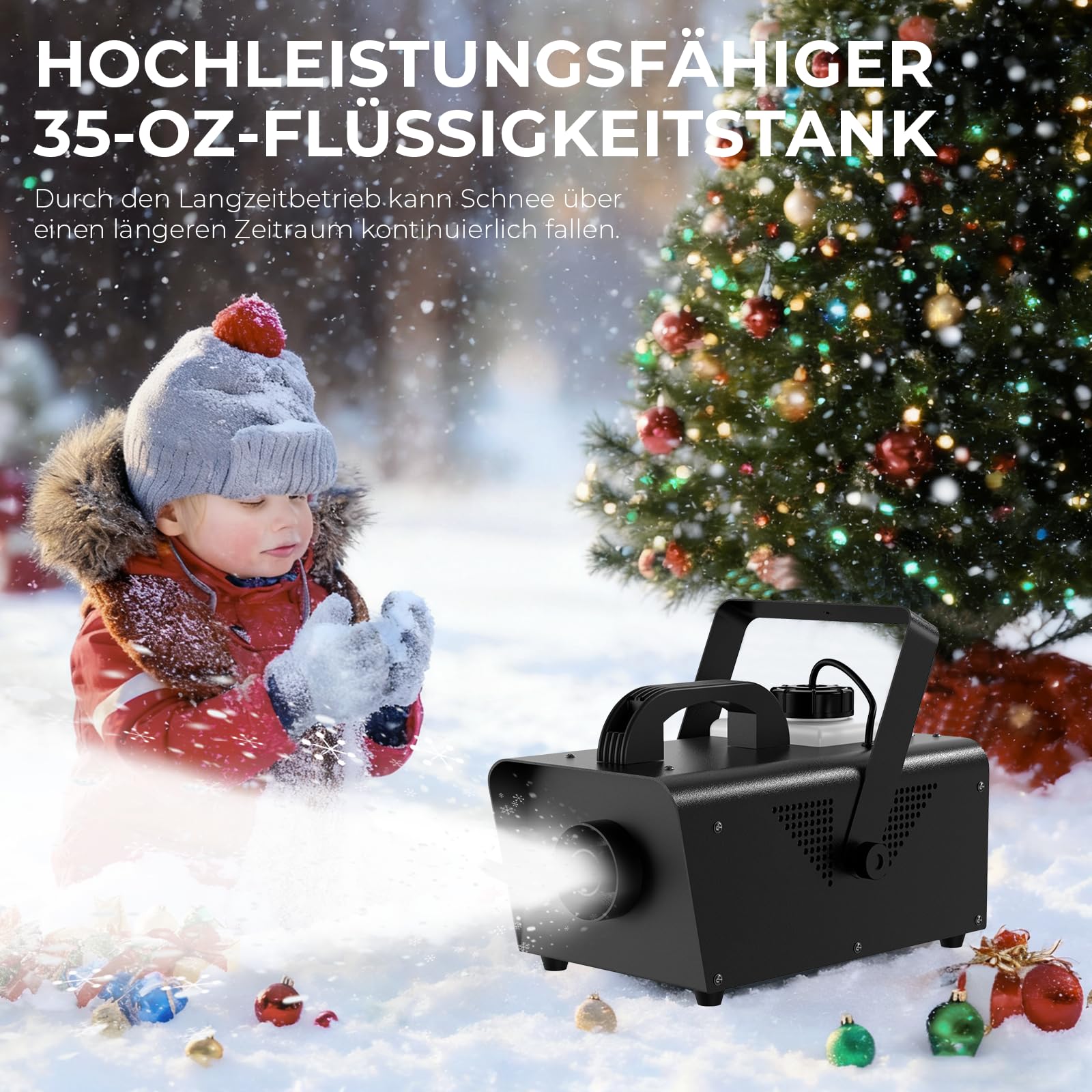Kunstschneemaschine 600 Watt mit Fernbedienung – Schneekanone für drinnen und draußen mit 6 LED-Leuchten – Ideales Winter- und Partyschneegerät