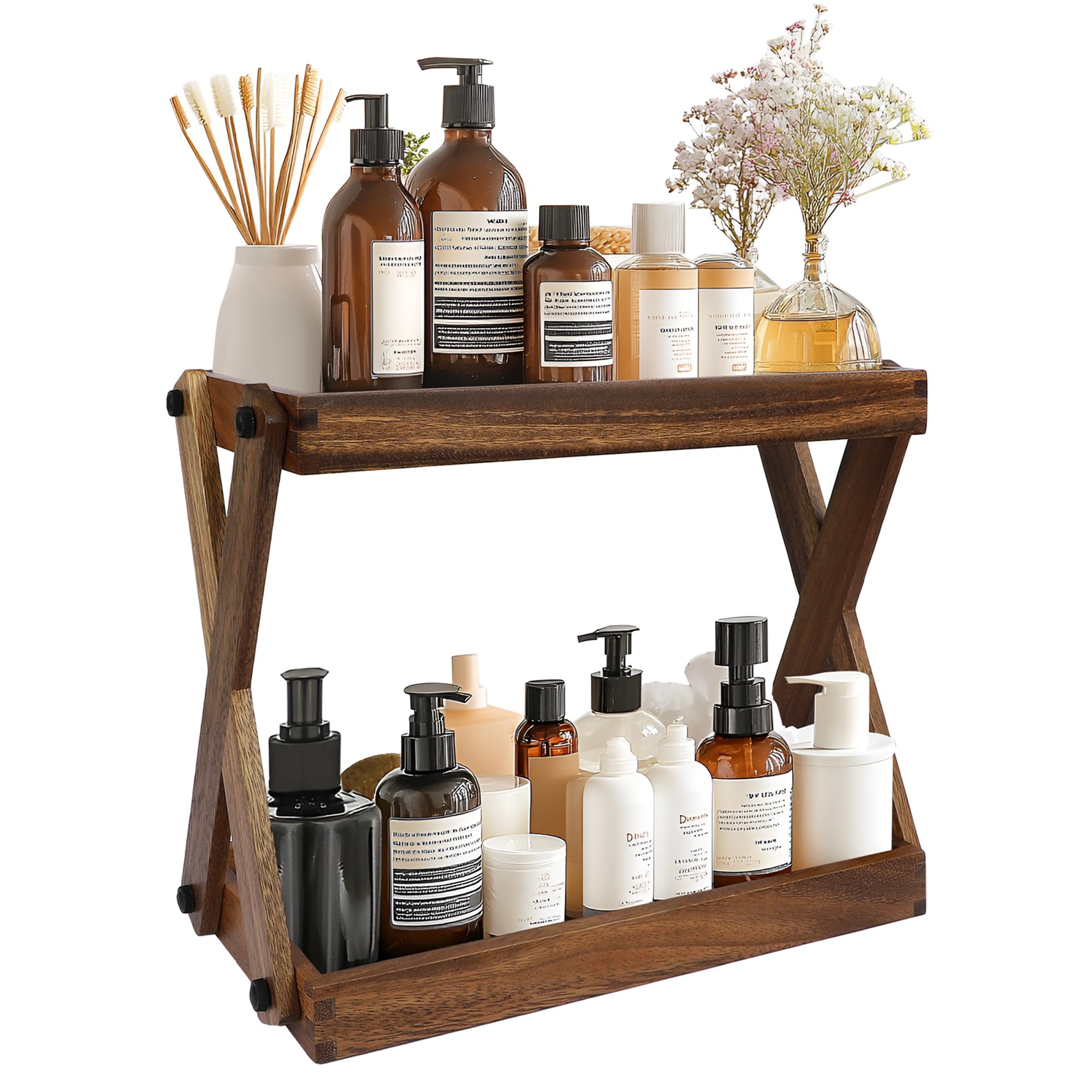 Organizador de madera para encimera, estante de madera de 2 niveles para accesorios de barra de café, organizador de especias de cocina, organizador de almacenamiento de condimentos para el