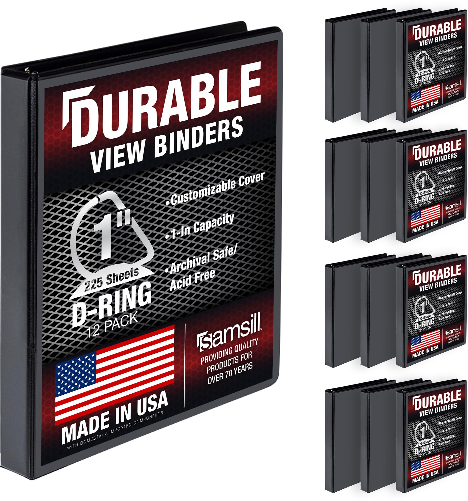Samsill Durable 1 Inch Binder, Made in The USA, D Ring Binder, Customizable Clear View Cover, Black, 12 Pack, Each Holds 225 Pages