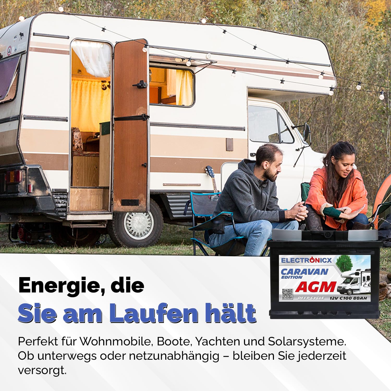 Electronicx AGM Caravan Edition Versorgungsbatterie 12V 80Ah / 80 Ah Deep Cycle Batterie wartungsfrei versiegelt Pluspol rechts – Wohnmobil Wohnwagen Solar Freizeitbatterie 242×175×190mm zyklenfest