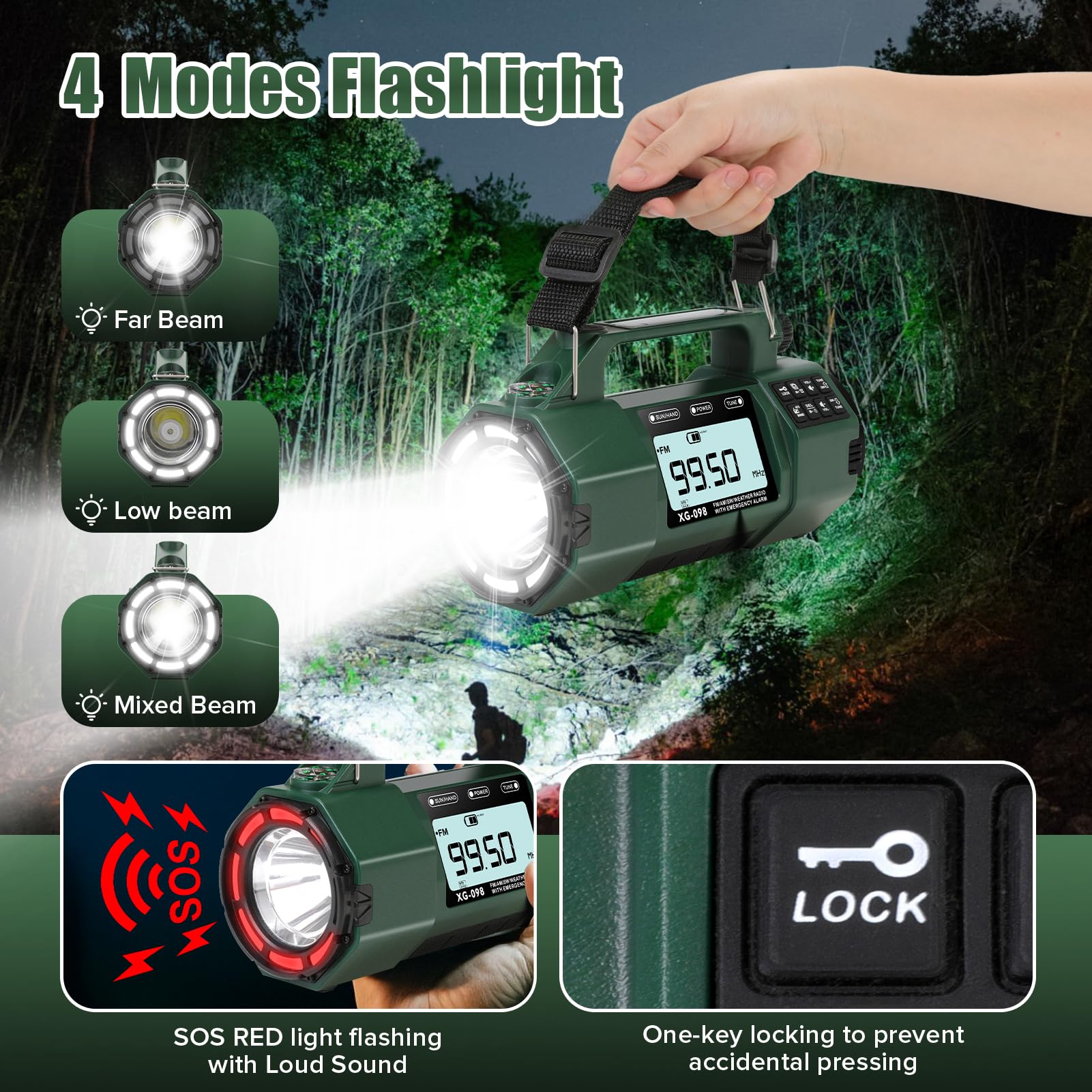 Radio météo d'urgence, batterie remplaçable 5000 mAh, radio solaire à manivelle avec alerte AM/FM/SW/NOAA, réveil, minuteur, boussole, chargeur de téléphone portable, prise casque, lampe de poche et