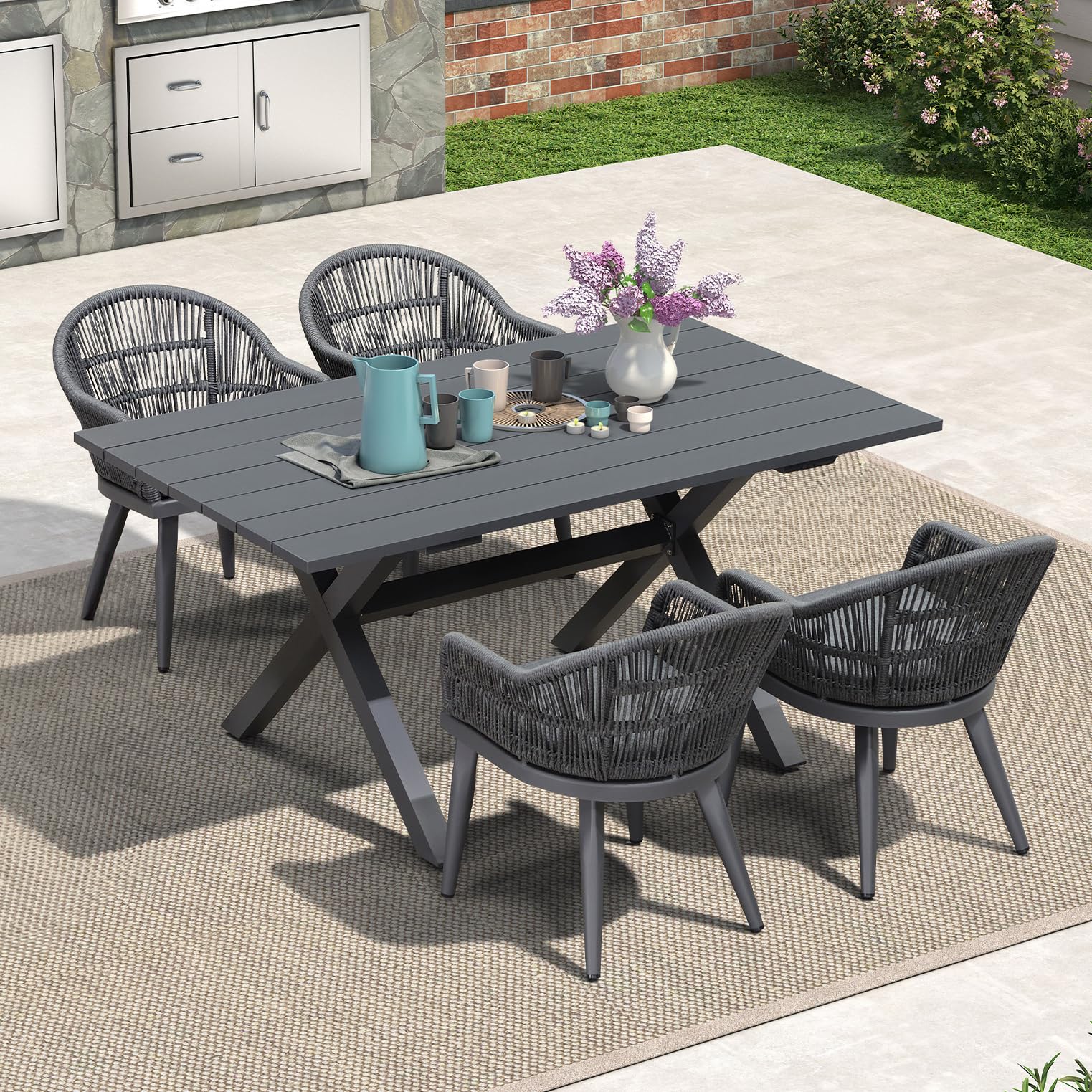 PURPLE LEAF 5 Pieces Patio Dining Set with Cushion PE Rattan, Grey
