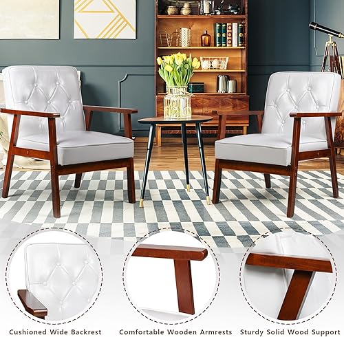 Miniatura 8 de OFIKA Silla decorativa moderna de mediados de siglo con brazos, silla tapizada de piel sintética con marco de madera, silla de lectura retro con