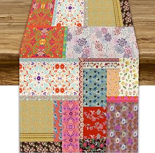 Boho Floral Patchwork Table Runner, Wildflower Spring Country Retro Floral Cottage Table Cover for Party Dinner Dining Living Room Home Decor, 13x36 Inch