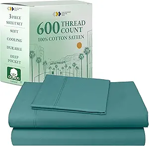 California Design Den Twin XL Bed Sheets Cotton Set - Luxury 600 Thread Count Sateen, 100% Cotton Sheet Set with Deep Pockets, Soft Hotel-Quality Bedding - Teal Sheets