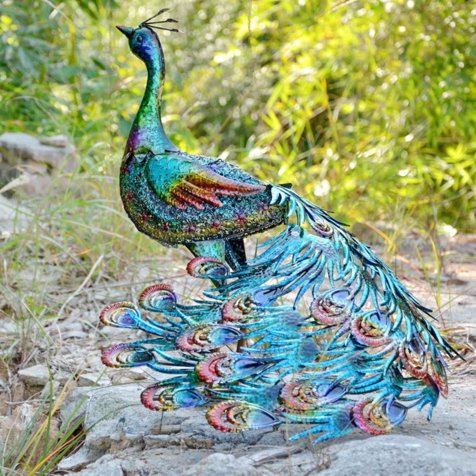 Estatua de Decorativa Figura Escultura Adorno Ornamento Metálico con Diseño Llamativo y Efecto Acogedor Adecuada para, Pavo Real De Cola Grande con Cabeza Recta — Sin Luz — 49.5 45.5 48cm