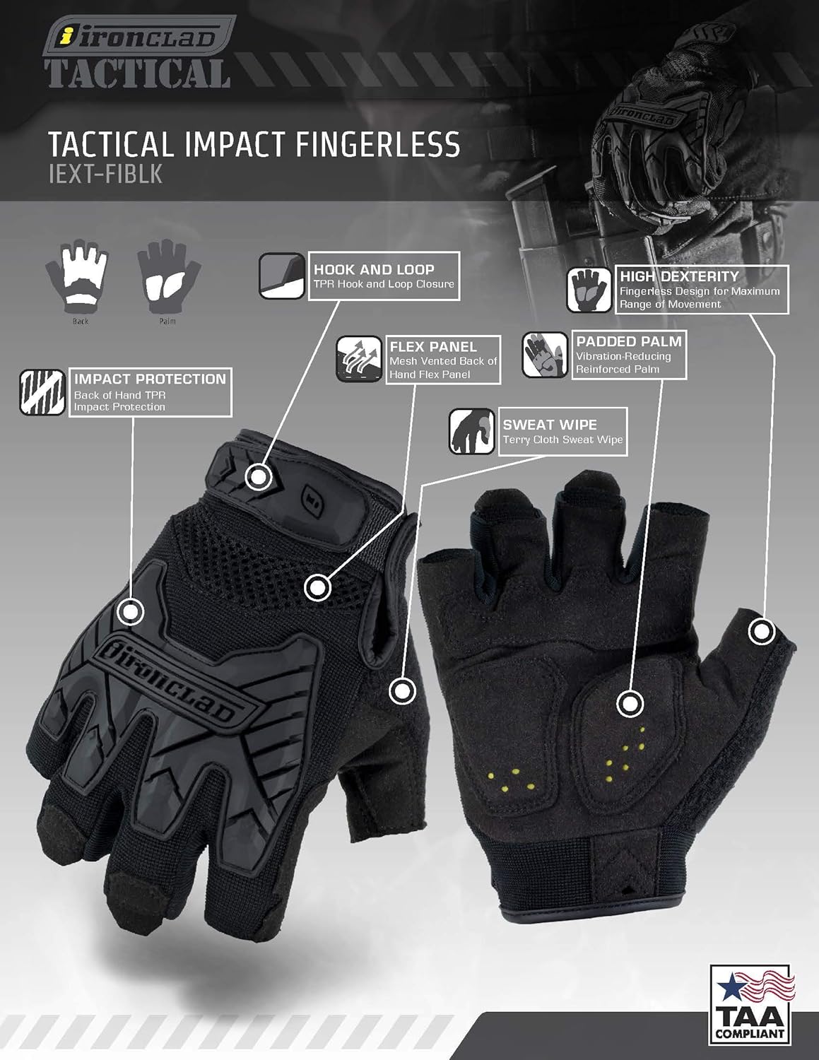 Ironclad Tactical Impact Fingerless Gloves, TAA Compliant, Best for Military, Law Enforcement, Airsoft, Paintball, Machine Washable, Sized S, M, L, XL, XXL (1 Pair), Black, Small (IEXT-FIBLK-02-S) : Sports & Outdoors