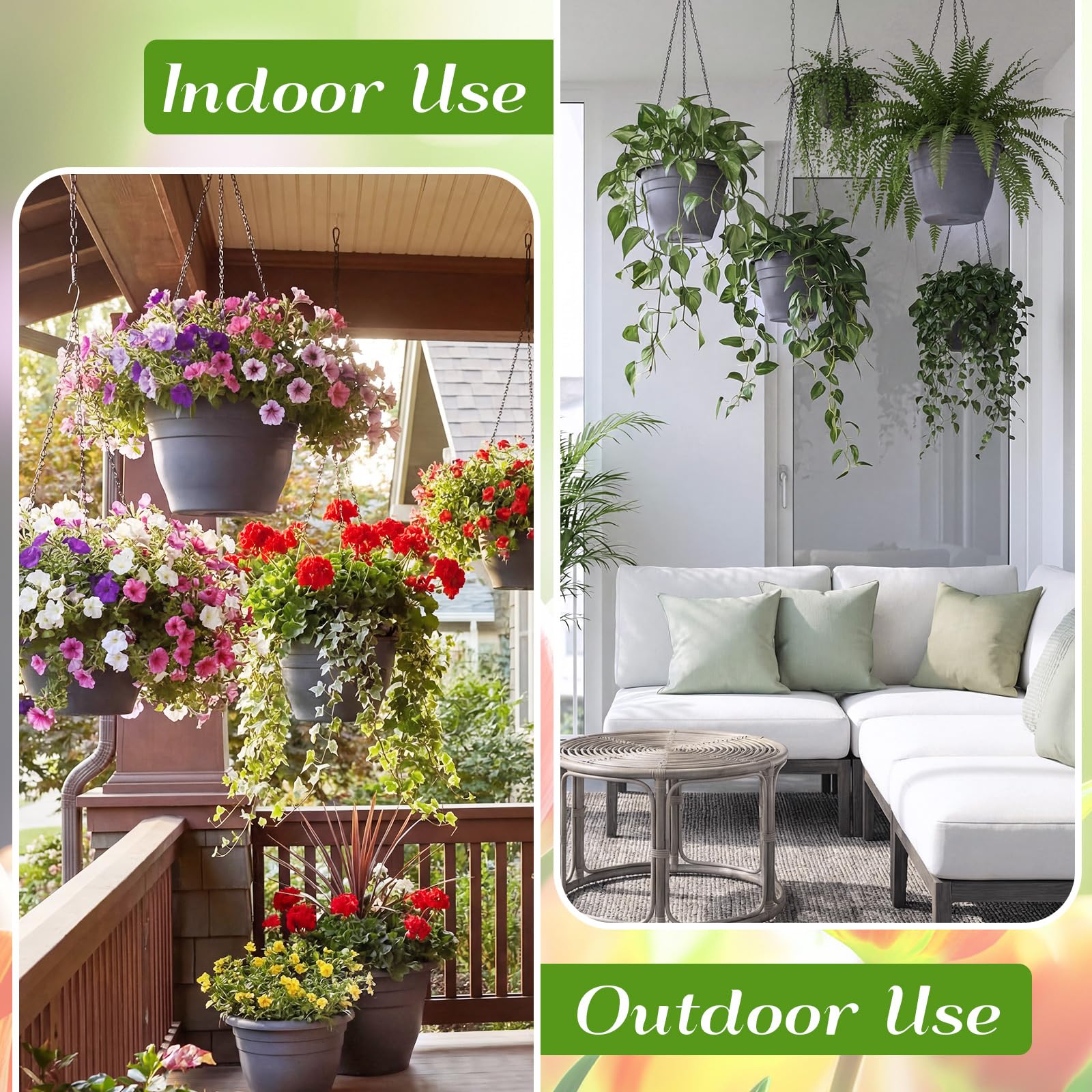 Lot de 20 pots de fleurs suspendus en plastique gris de 25,4 cm pour plantes avec plateaux de drainage, pot de fleurs à arrosage automatique pour jardin, balcon, porche, terrasse