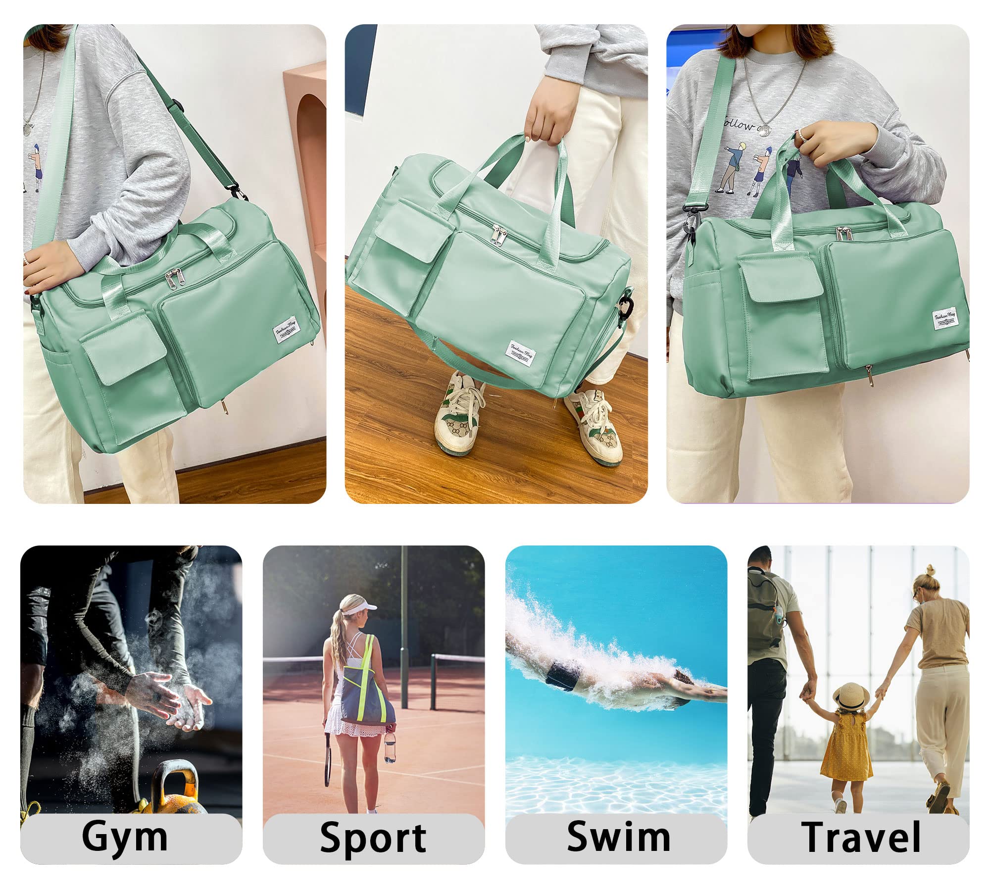 Borsone da Viaggio Pieghevole, Impermeabile Borsone Palestra Sportiva con Scomparto Scarpe e Scomparto Bagnato Grande Borsa da Palestra Donna Uomo Leggera Borsa Piscina per Sport/Viaggi, Verde