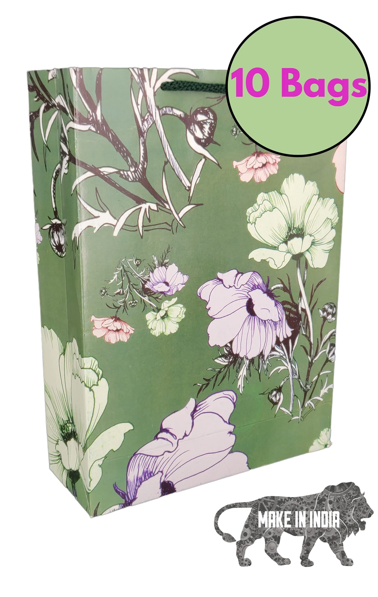 Arrow Paper Products Arrow Paper Bags Popudi Flower Return Green Gift Bags For Gifting, Weddings, Birthday,Holiday Presents(Pack Of 10, 28X20X7.5 Cm) 2